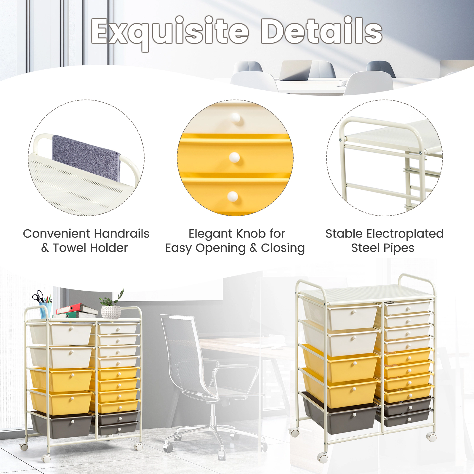 SUGIFT Yellow 15-Drawer Rolling Storage Cart Utility Organizer with Removable Drawers and Metal Frame