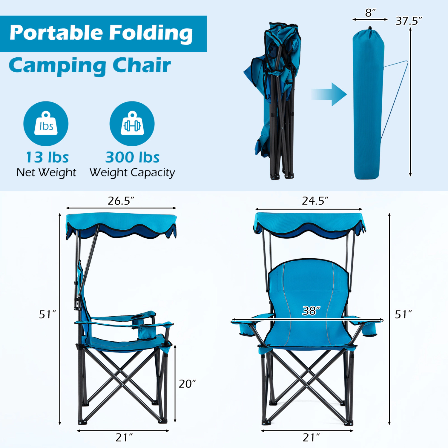 LJG Portable Folding Beach Canopy Chair with Cup Holders