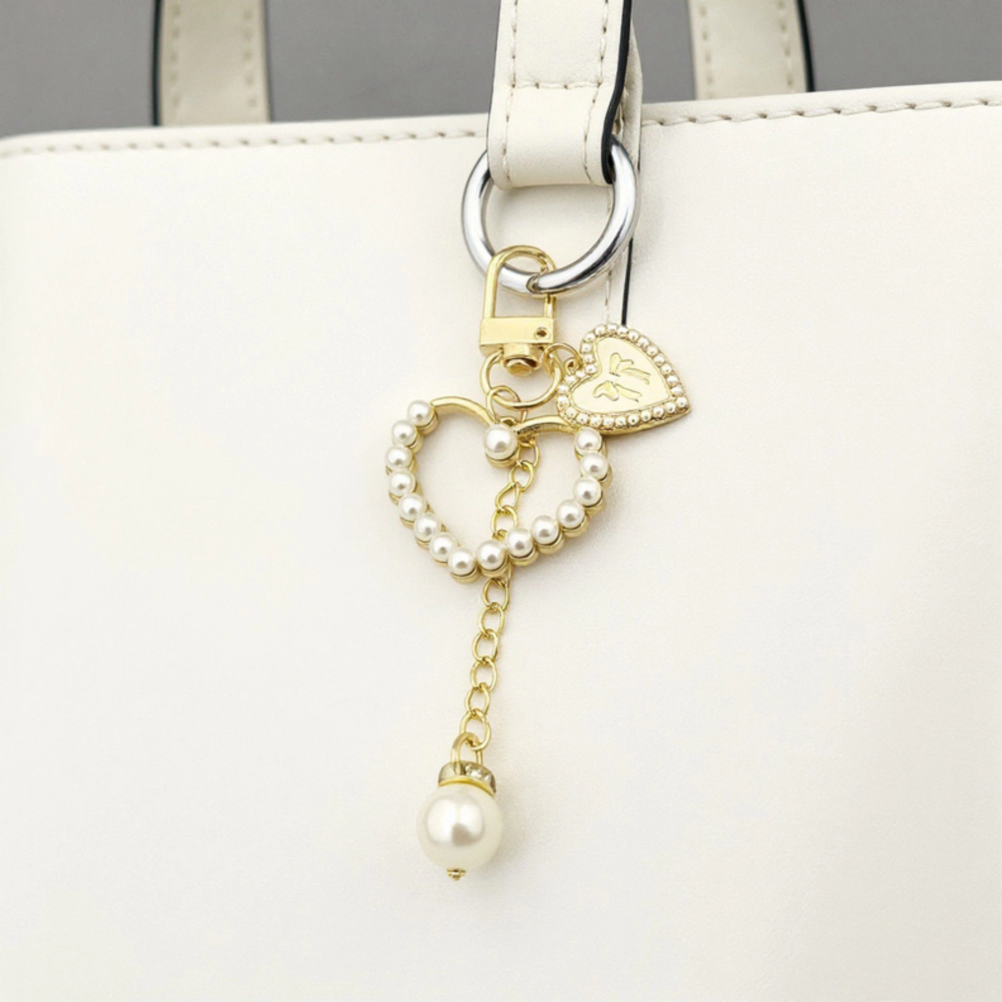 Alilang Women's 3-Piece Pearl Heart Valentine Charm Keychain with Gold Chain and Enamel Accent