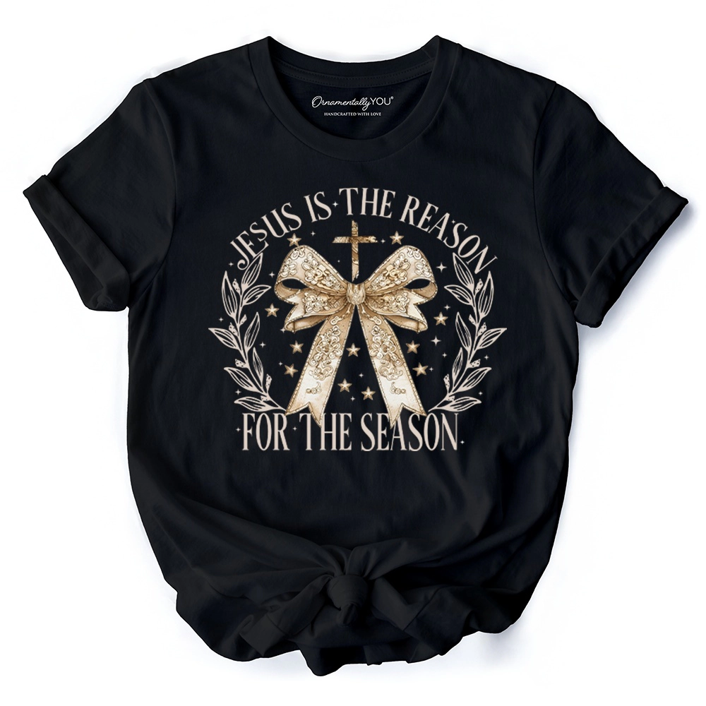OrnamentallyYou Womens Jesus Is The Reason Christmas Gold Bow Cross T-Shirt