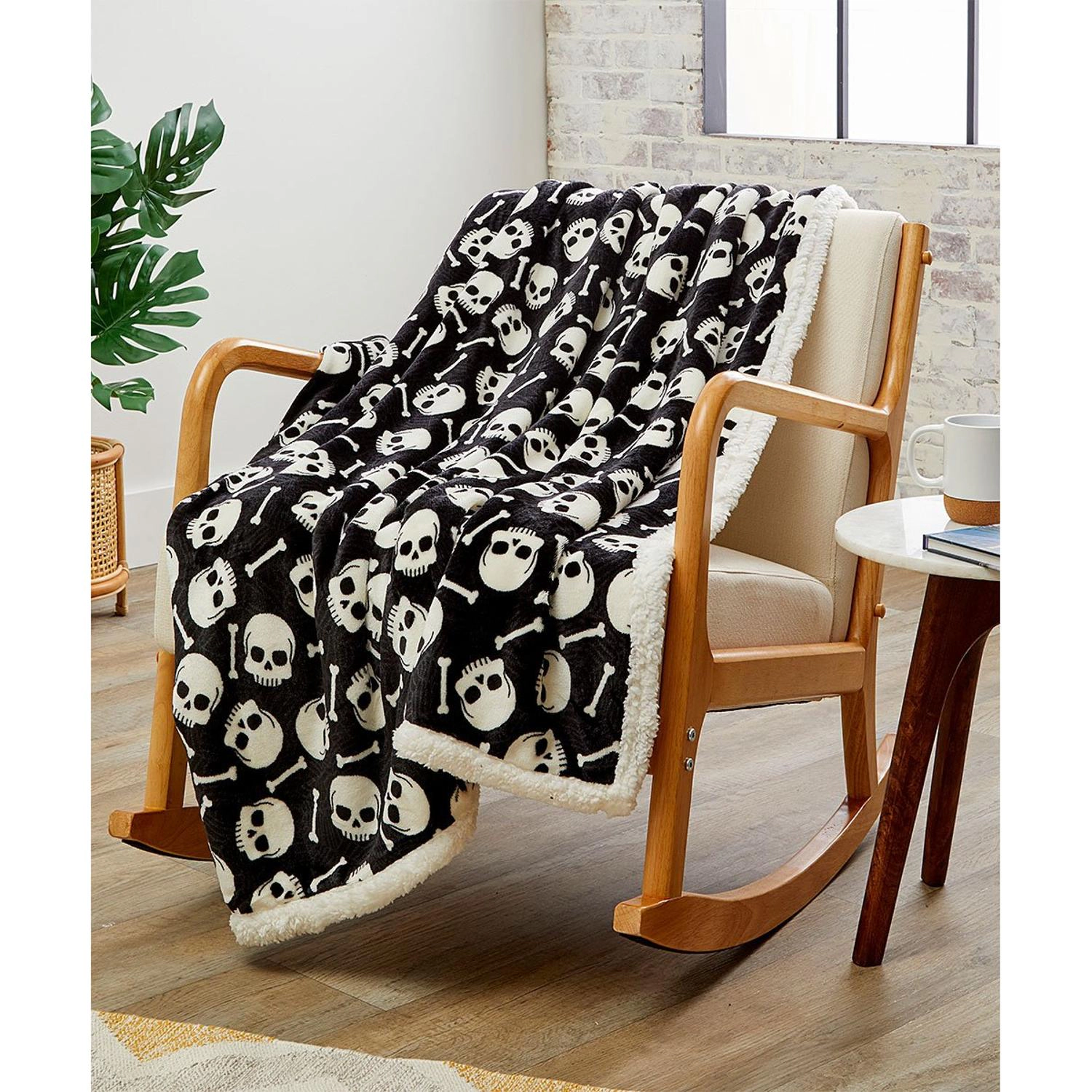 Skull & Bones Faux Shearling Micro Plush Throw Blanket 50" x 60" Black & White by Plazatex