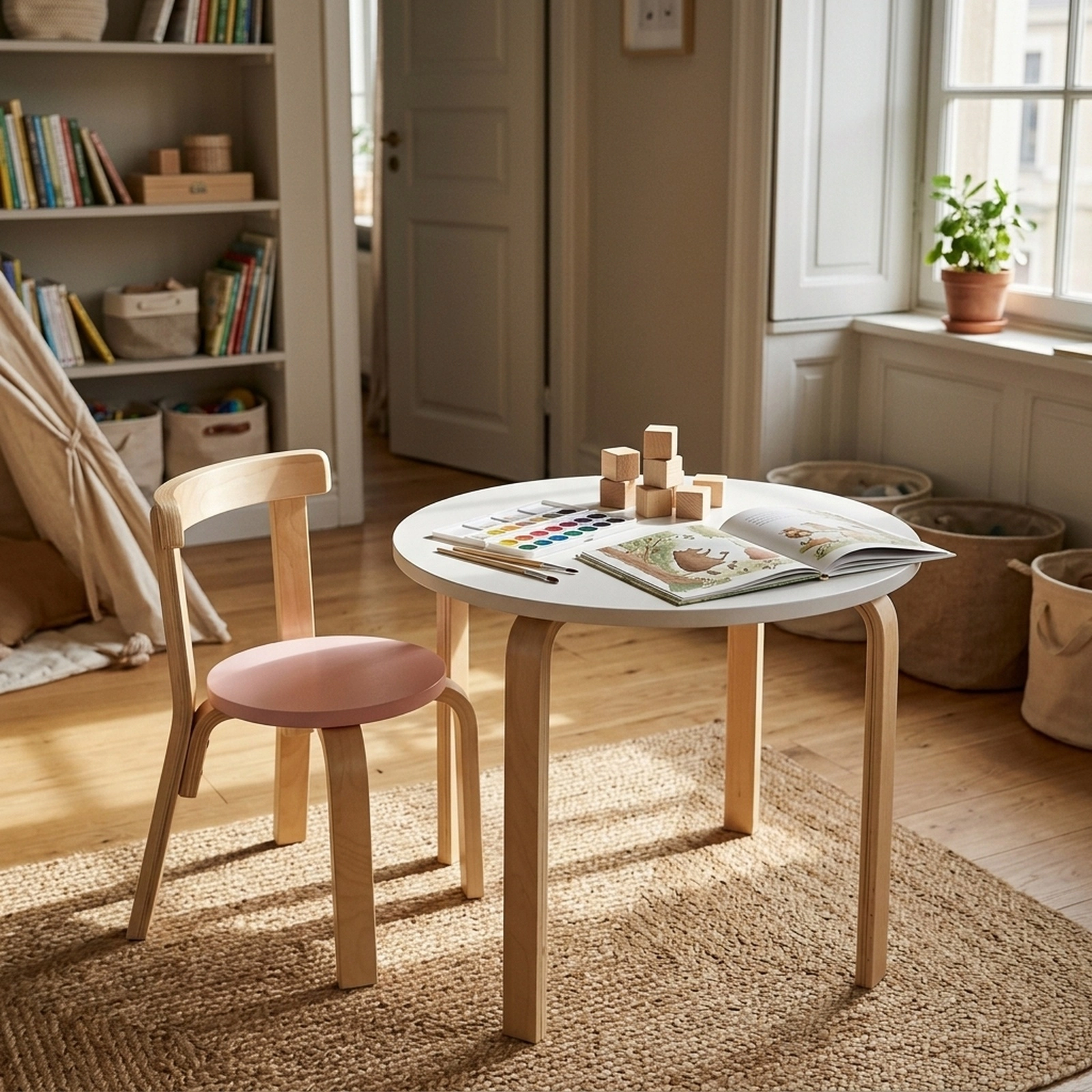 5-Piece Kids Table and Chairs Set Wooden Toddler Activity Table with 4 Curved Back Chairs and 15 Toy Building Natural