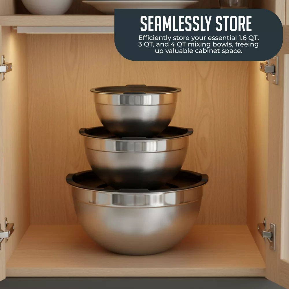 Luminuxe Stainless Steel Mixing Bowls w/ Lids, Set of 3 Durable Rust Resistant Nonslip Nesting Bowls for Cooking, Baking