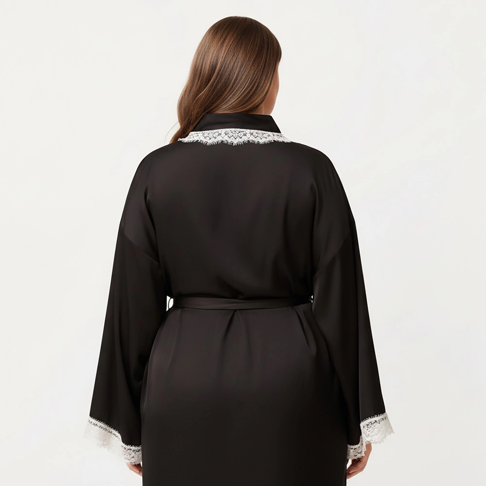 Anna-Kaci Women's Plus Long Robe Lace Trim on Collar and Cuffs Featuring Soft Flowing Fabric Adjustable Belt