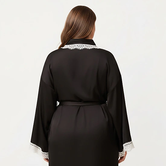 Anna-Kaci Women's Plus Size Long Robe Lace Trim on Collar and Cuffs Featuring Soft Flowing Fabric and Adjustable Belt