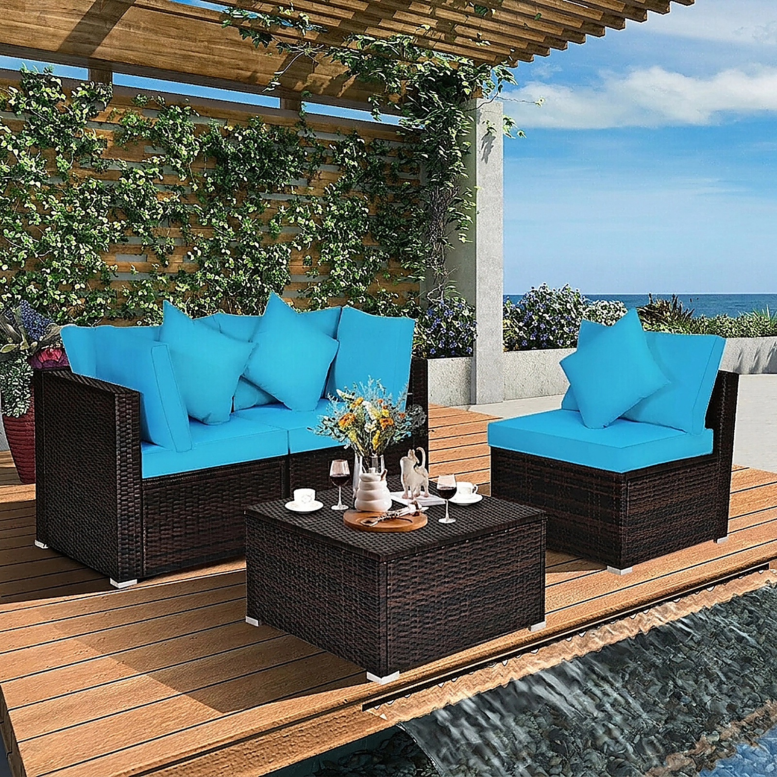 SUGIFT 4-Piece Turquoise Wicker Patio Sectional, 2 Corner Sofas and 25-Inch Ottoman