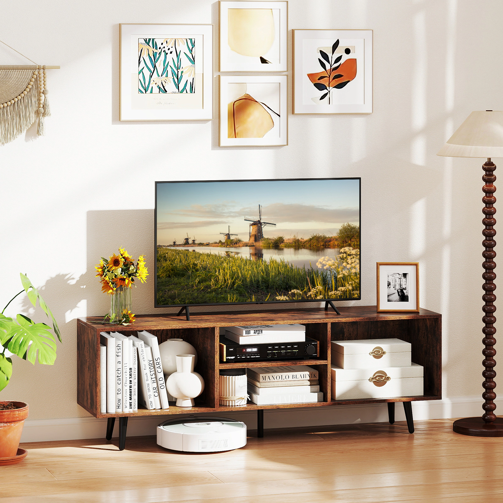 SUGIFT 47.5-in TV Stand for 55-Inch TV with Compartments and Metal Legs 132-lb Countertop Capacity Rustic Brown & Black