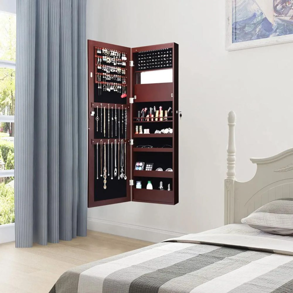 Hivvago Lockable Wall Door Mounted Mirror Jewelry Cabinet w/LED Lights