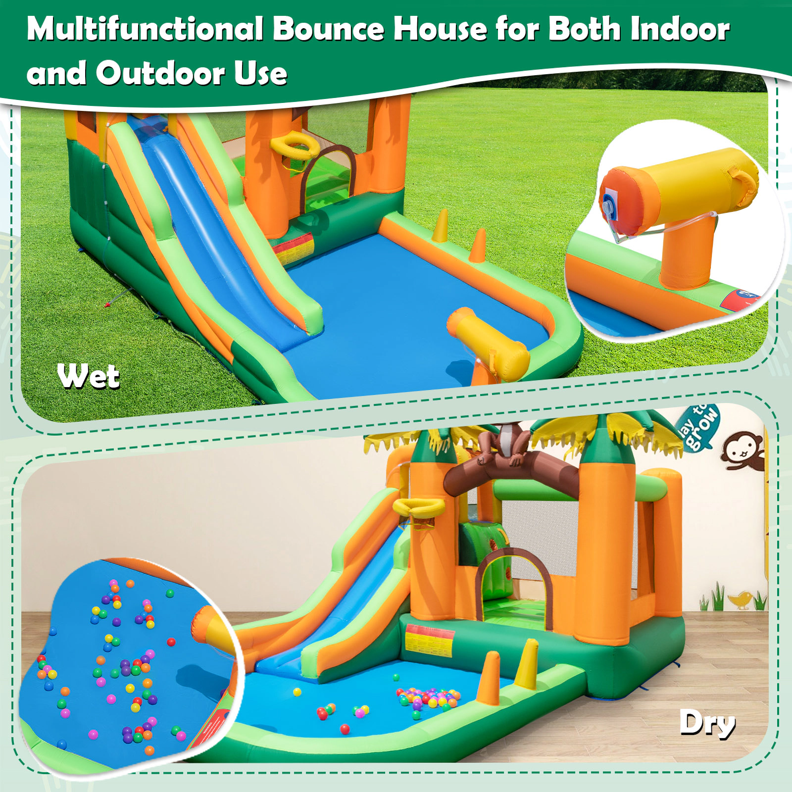 SUGIFT Monkey Themed Jumping Area Splash Pool and 680W Blower Kids Inflatable Water Slide