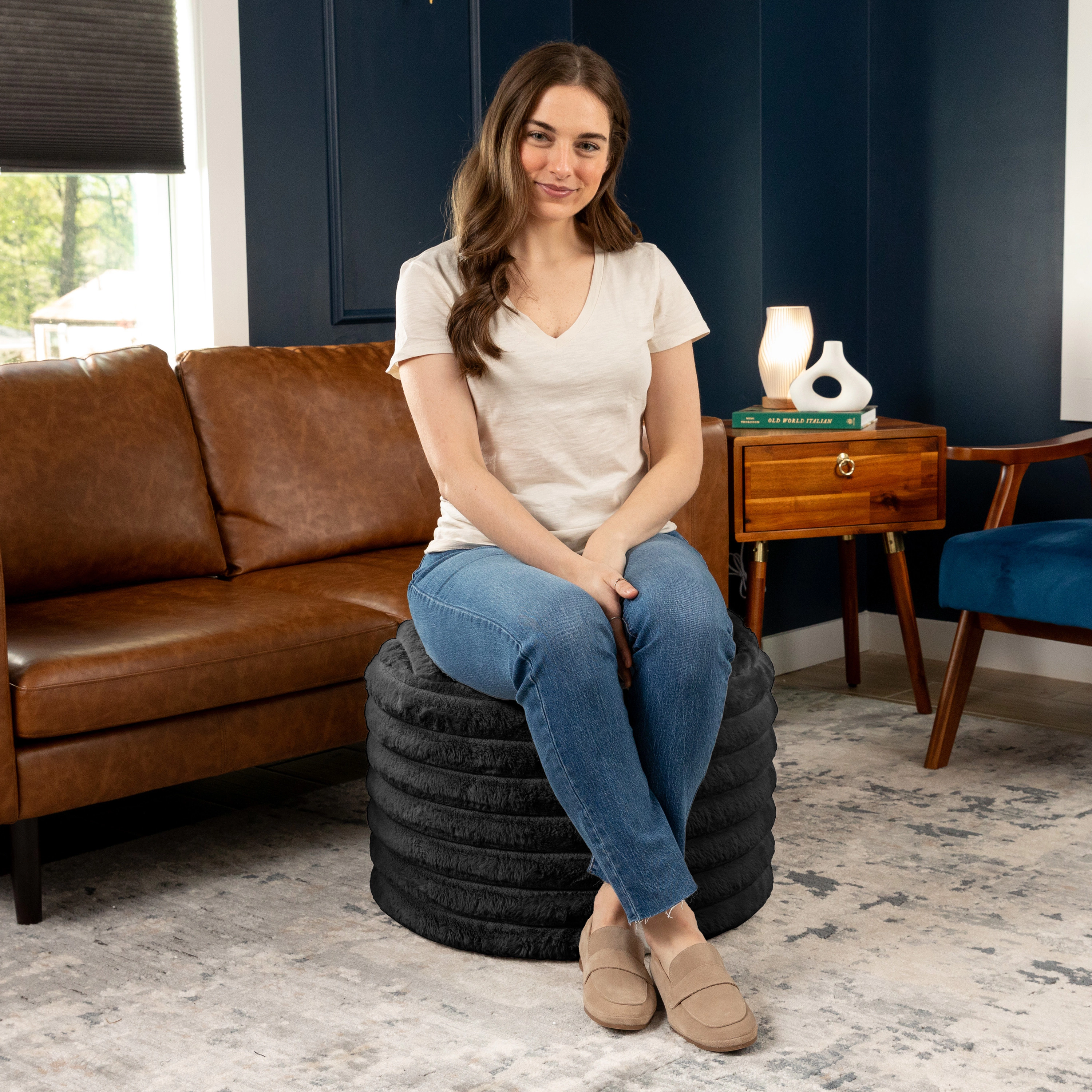 Jaxx Paran Accent Pouf - Fluffy Faux Fur Ottoman for Modern Interior Design, Regular