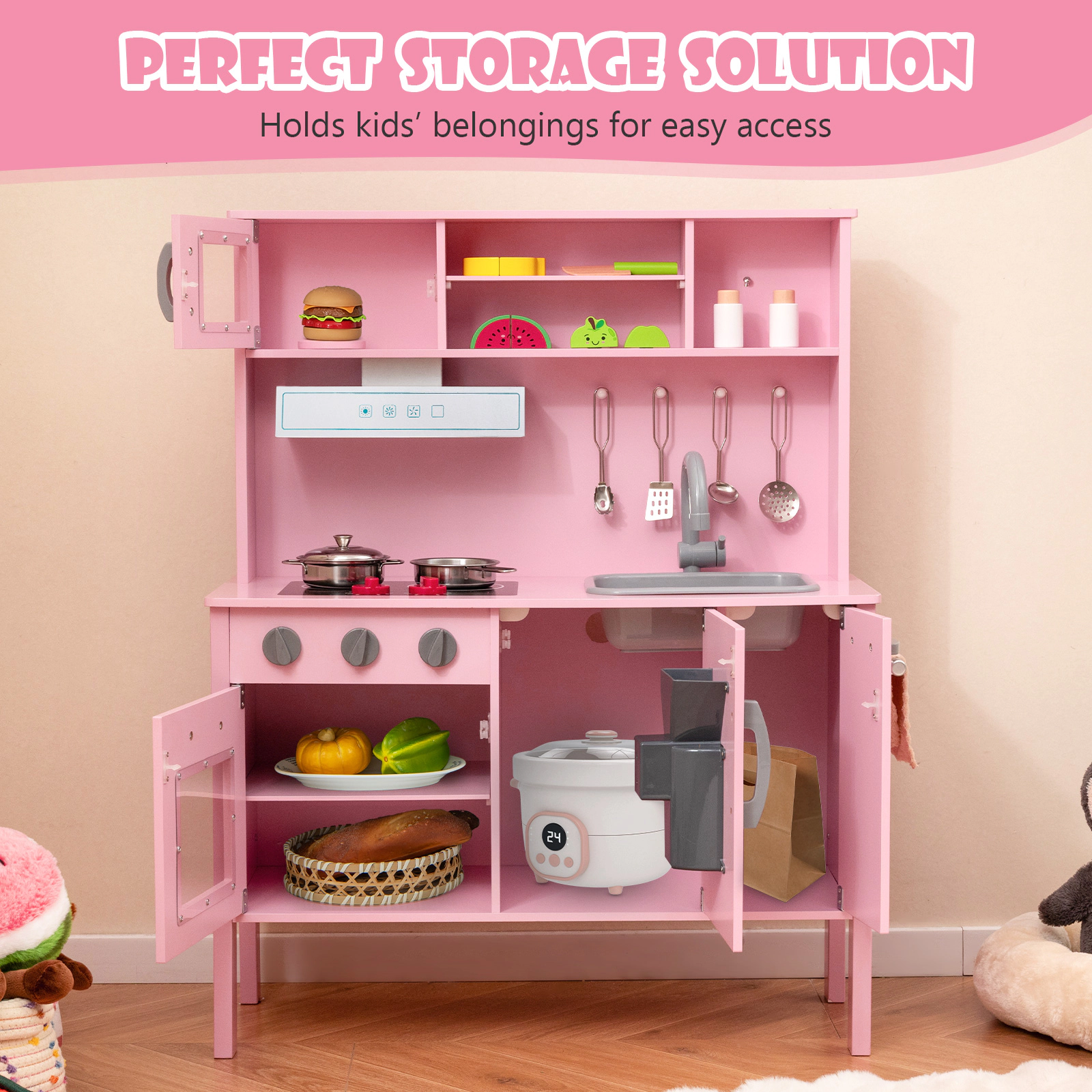 SUGIFT 28-in Pink Wooden Kids Kitchen Playset with Removable Sink Oven and Ice Maker 35.5-in H Ages 3-6