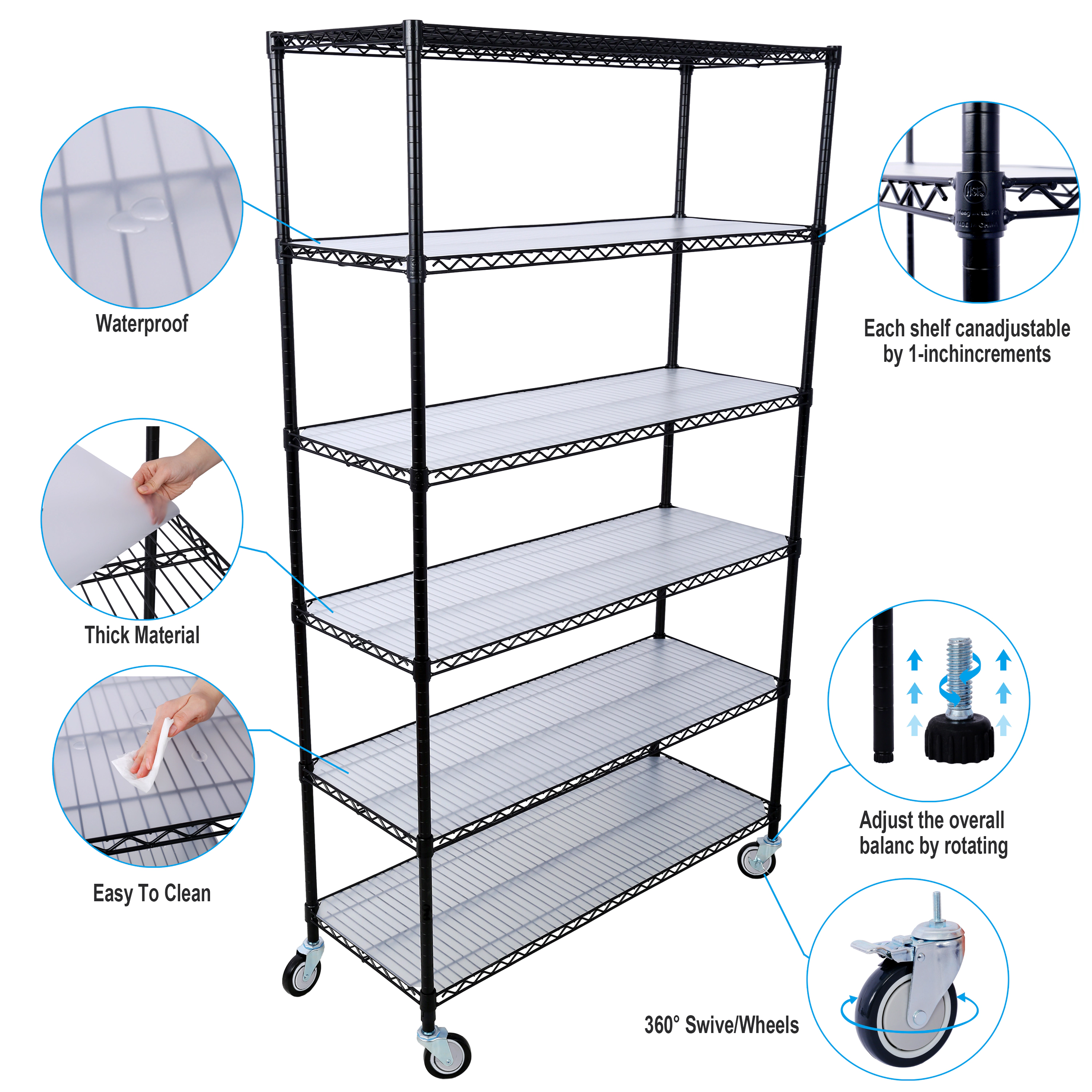 Flynama 6 Tier Wire Shelving 84H x 48L x 20D in 6000lbs NSF with Wheels and Liners for Commercial Storage in Black