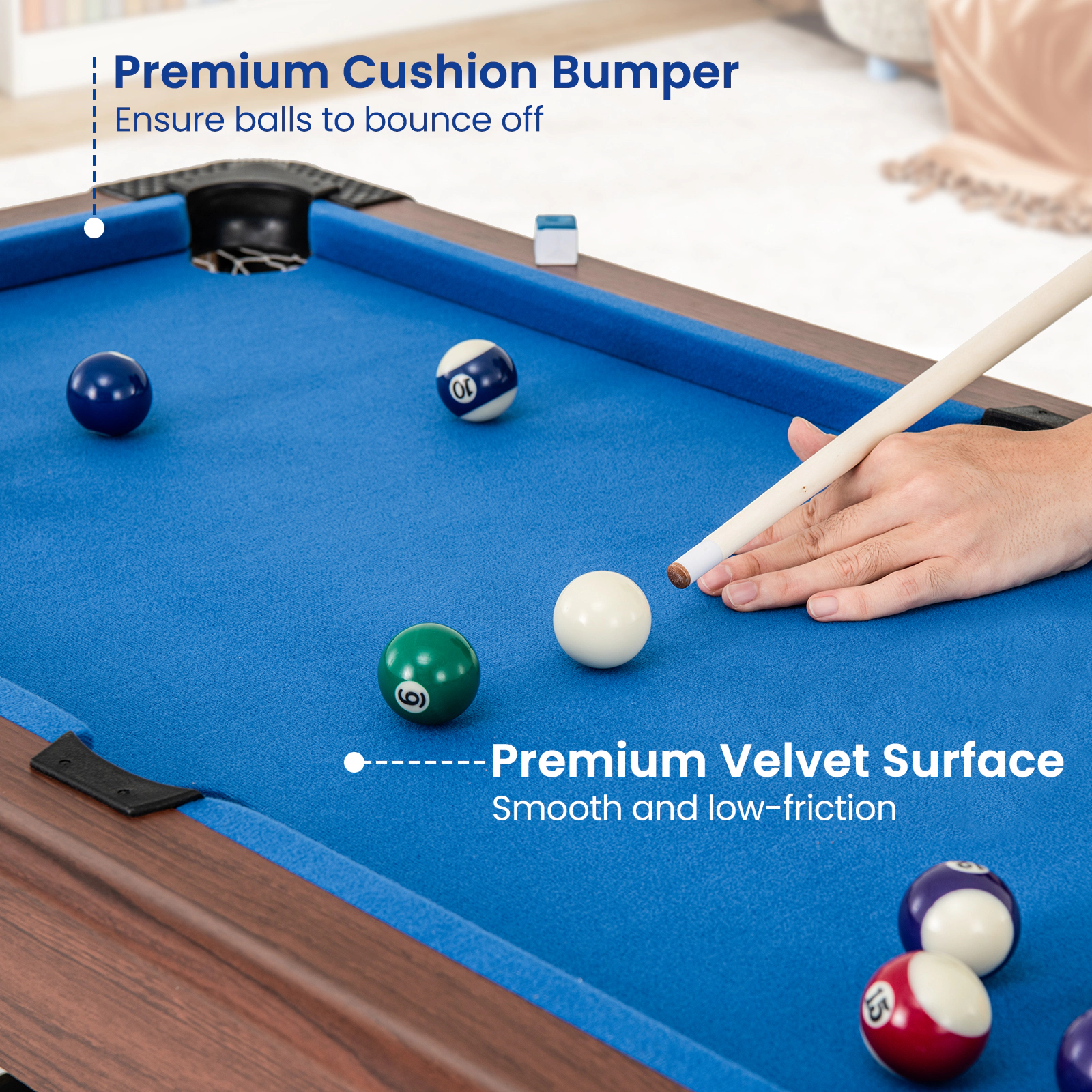 SUGIFT 48-in Pool Wooden Game Table with Velvet Surface and Accessories Set for Kids and Adults Brown+Blue/Green