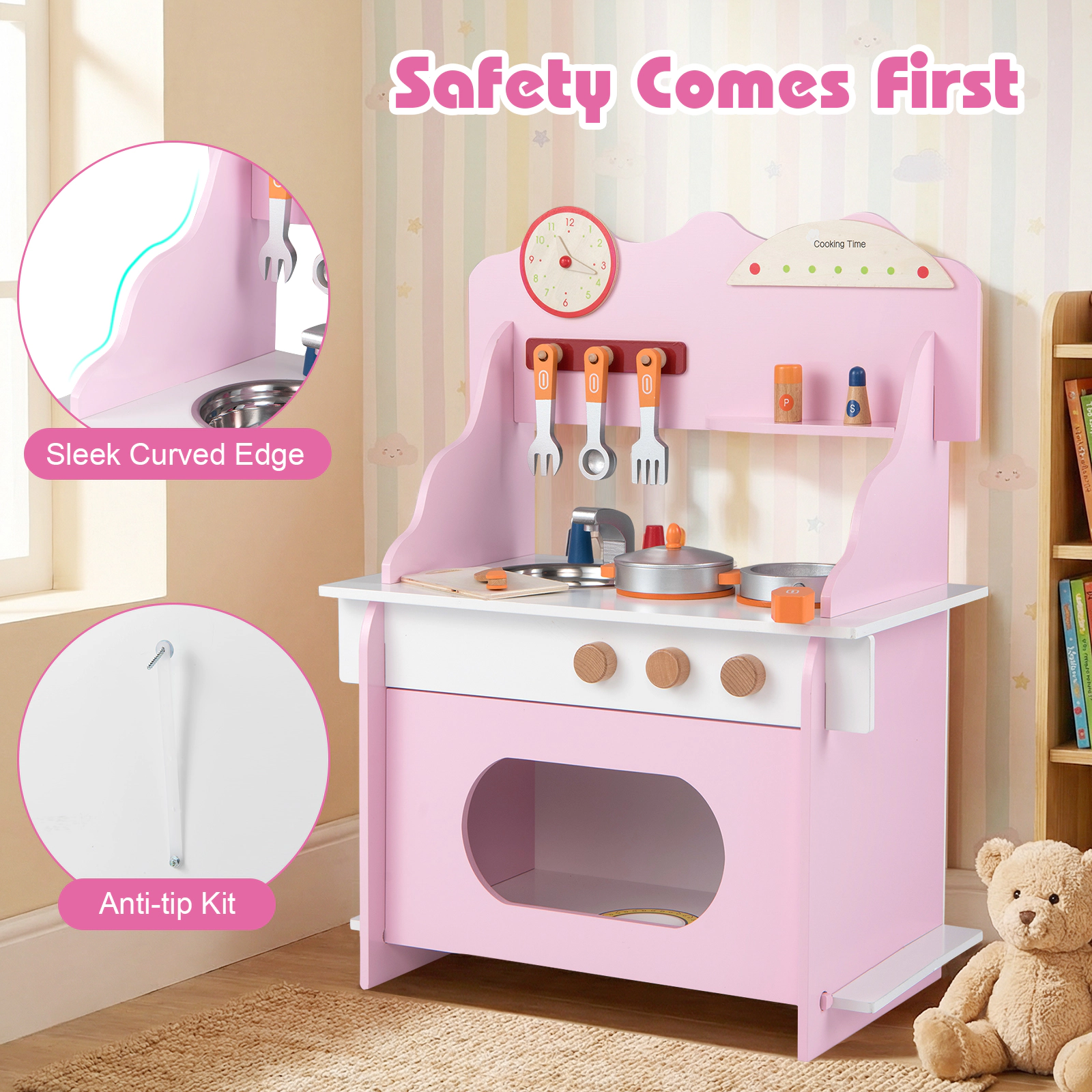 Pretend Play Toy Kitchen Set for Kids Clock Complete Accessory Kit Storage Shelves 20.5-in x 11.5-in x 28-in Pink