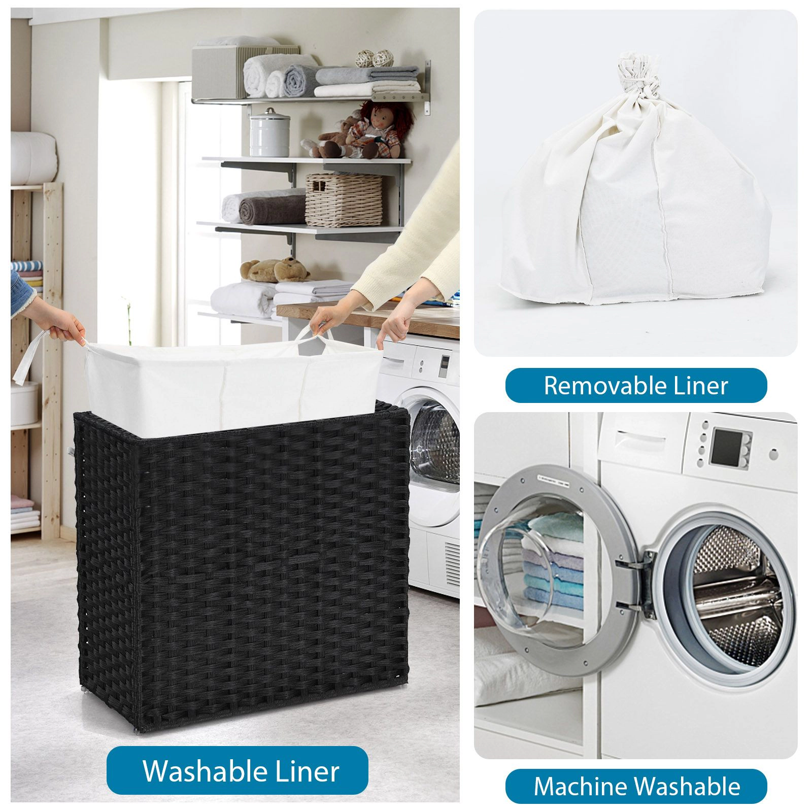 SlickBlue Laundry Basket with Wheels, Steel Frame & 3-Compartment Sorting Bags