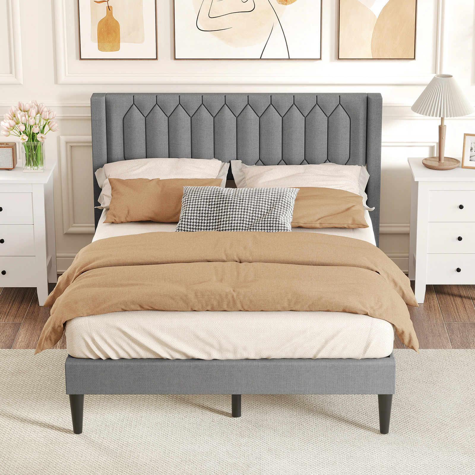 SUGIFT Queen Upholstered Platform Bed Frame with Gray Wingback Headboard