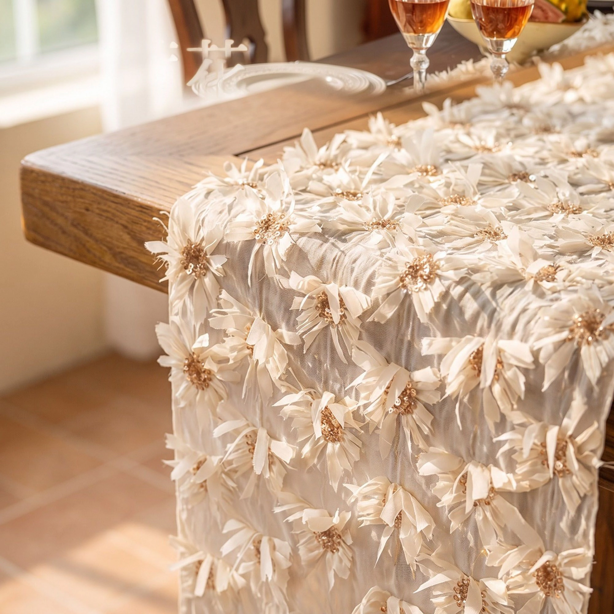 Alilang Unisex Beige 3D Floral Table Runner with Sequin Accents 13.8x47.2in