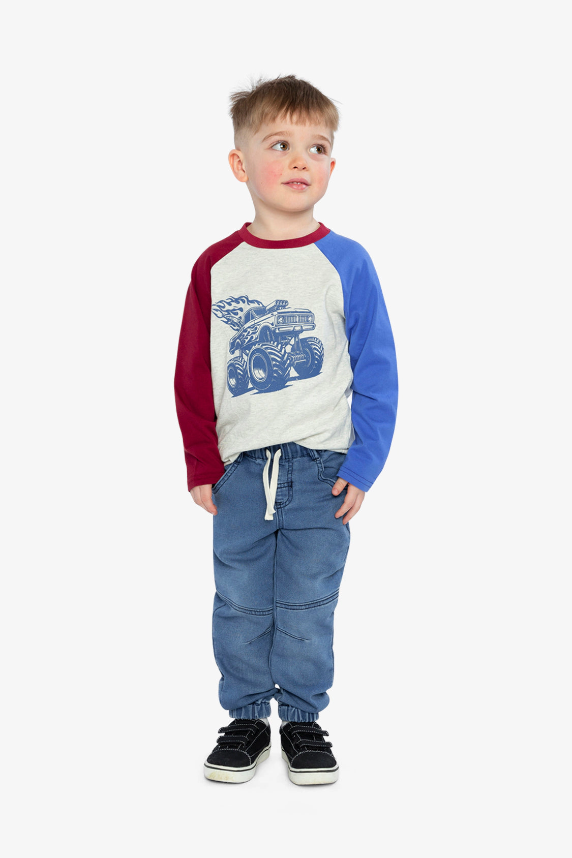 Deux par Boys Raglan T-Shirt with Monster Truck Graphic