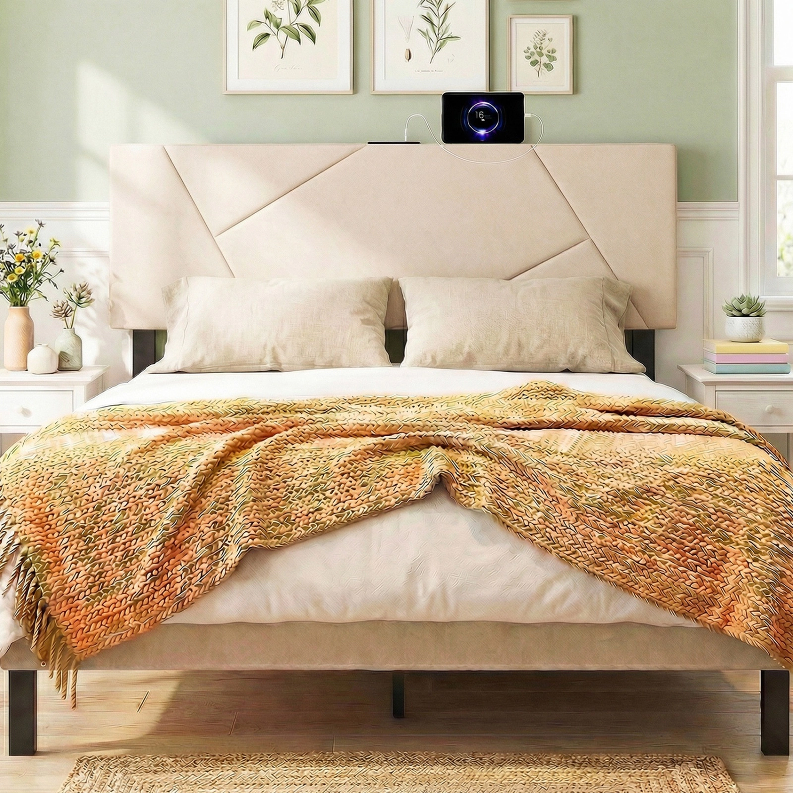 SUGIFT Geometric Beige Upholstered Headboard, Full-Queen, Charging Station