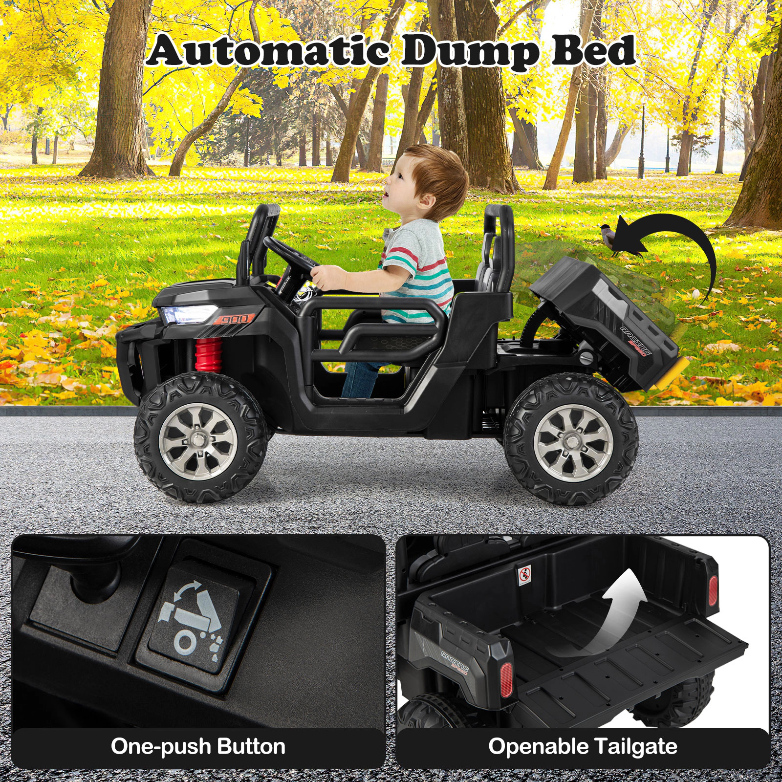 Costway 24V Ride on Dump Truck Electric 2-Seater Kids UTV w/Dump Bed & Bight Lights and Remote Control Red