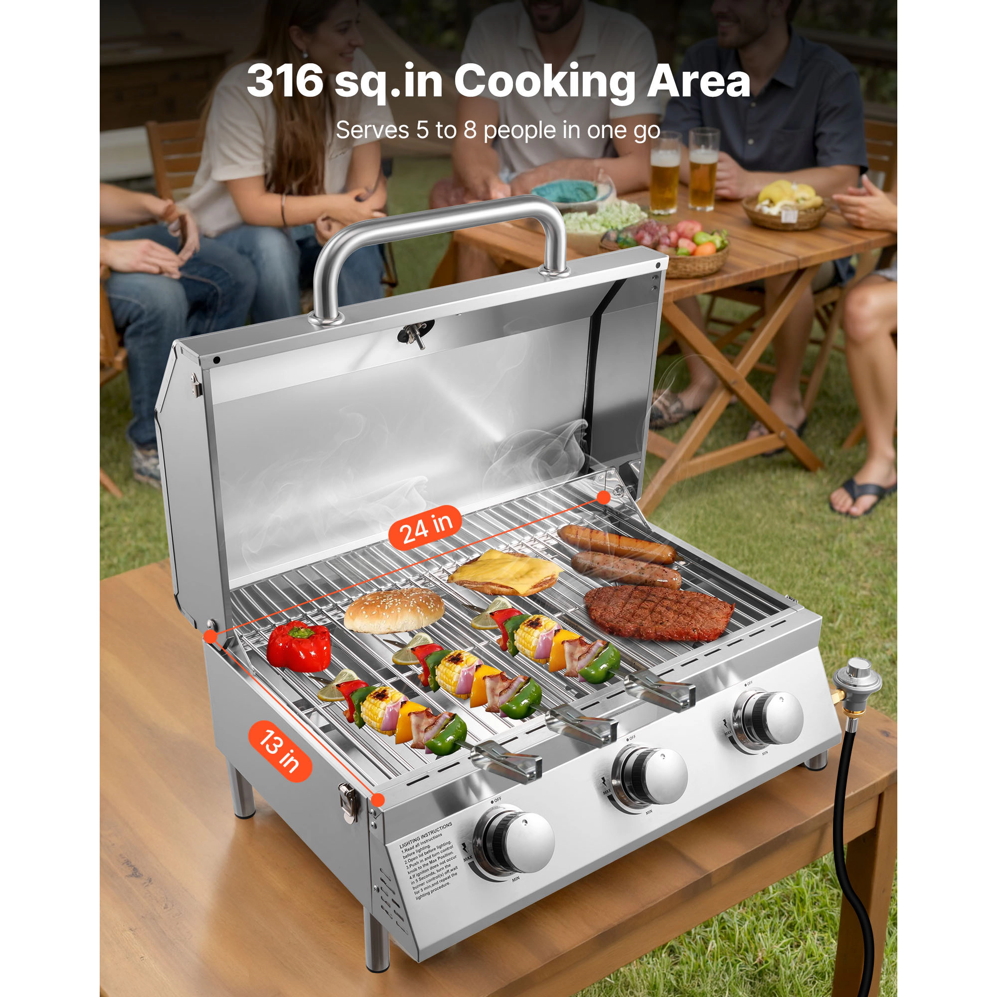 HONGGE Tabletop Gas Grill Stainless Steel Portable Propane Grill with Built-in Thermometer Travel Locks Weatherproof