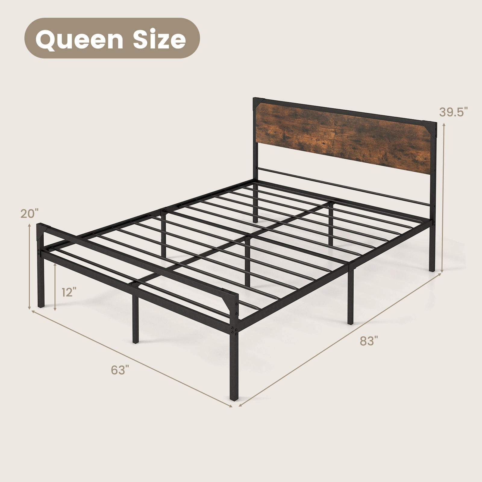 SUGIFT Queen Platform Bed Frame, Rustic Brown Wood Panels, Black Metal, Headboard and Footboard