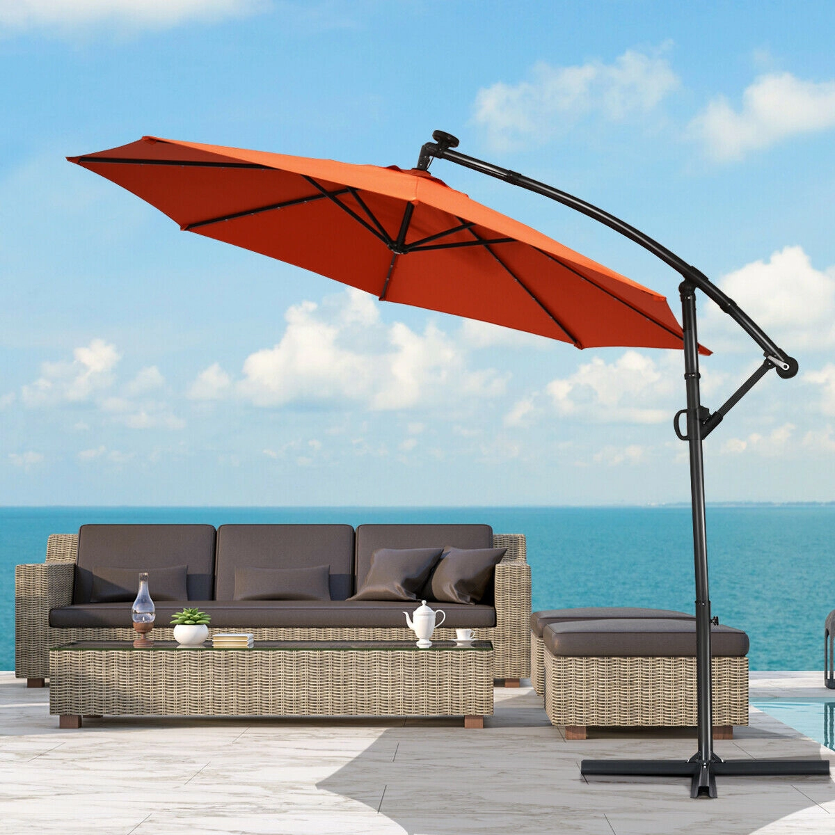 SUGIFT 10-ft 360° Rotation Solar Powered LED Offset Patio Umbrella with 32 Lights without Weight Base Orange