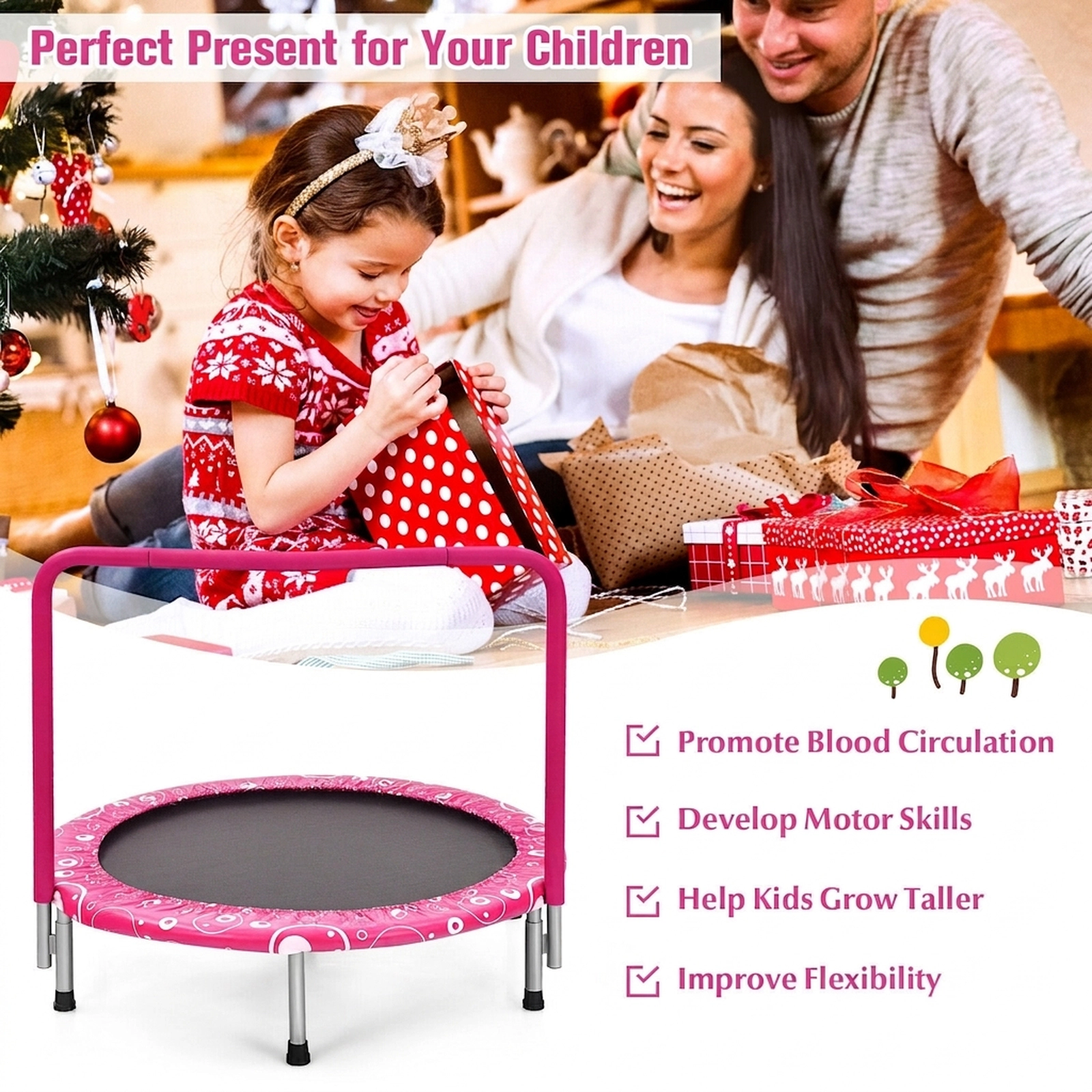 36-in Foldable Kids Trampoline Mini Rebounder Full Covered Foam Handrail 330-lb Capacity Ages 3-10 Pink Indoor Outdoor