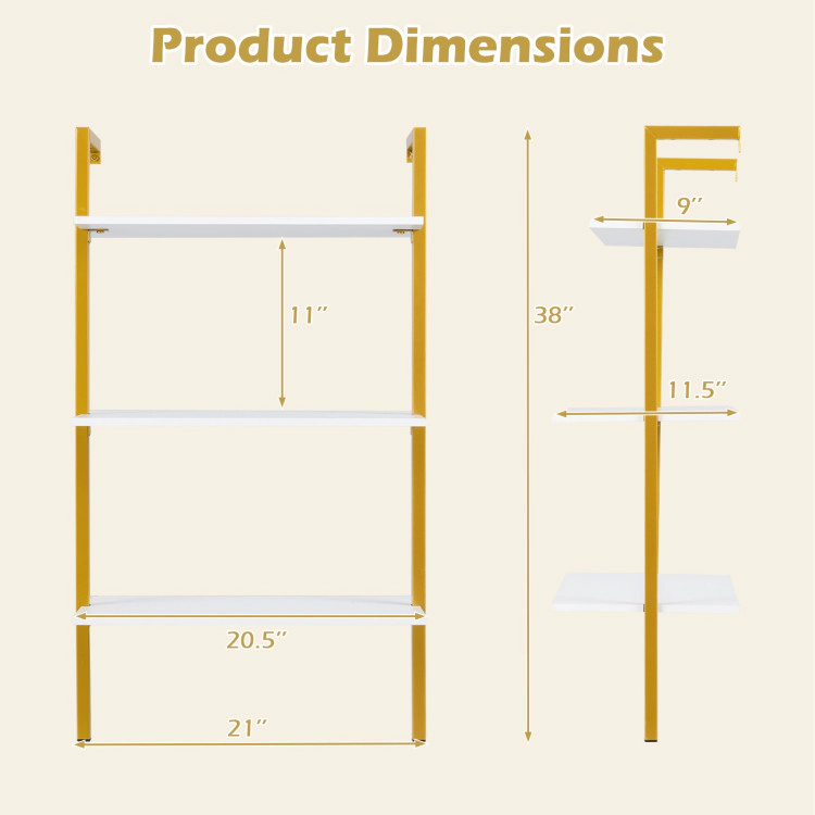 Hivvago 3-Tier Modern Wall Mounted Shelves Wooden Floating Shelving Unit Metal Ladder Bookshelf
