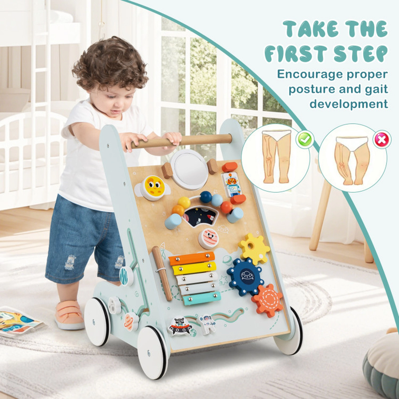 SUGIFT 8-in-1 Wooden Baby Walker Push and Pull Learning Activity Center with Wheels 5-lb Frame Ages 1+ Years Green/Blue