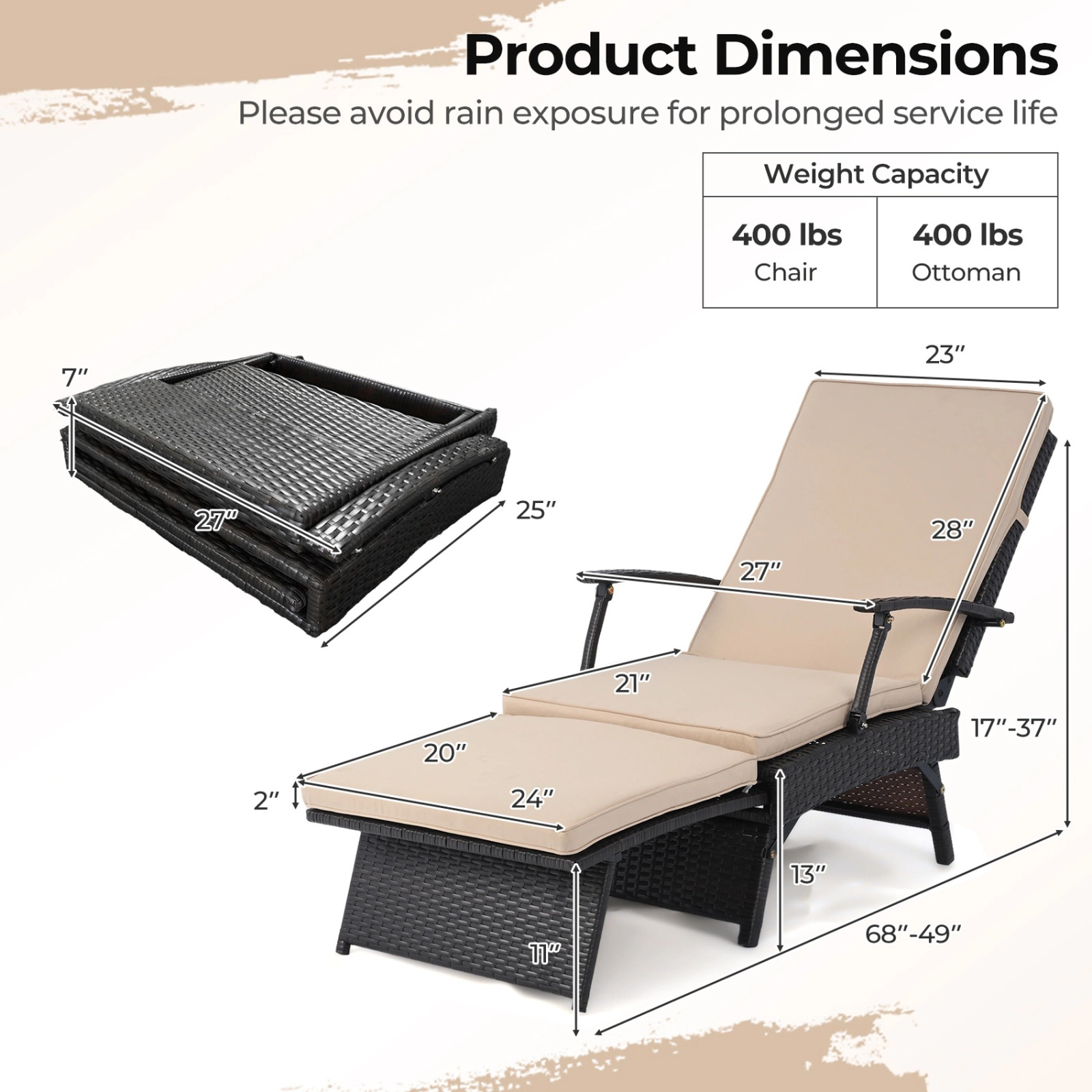 SUGIFT Folding Wicker Chaise Lounge with Slide-Out Ottoman 11-Level Adjustable Backrest 400-Lb Capacity Mix Brown