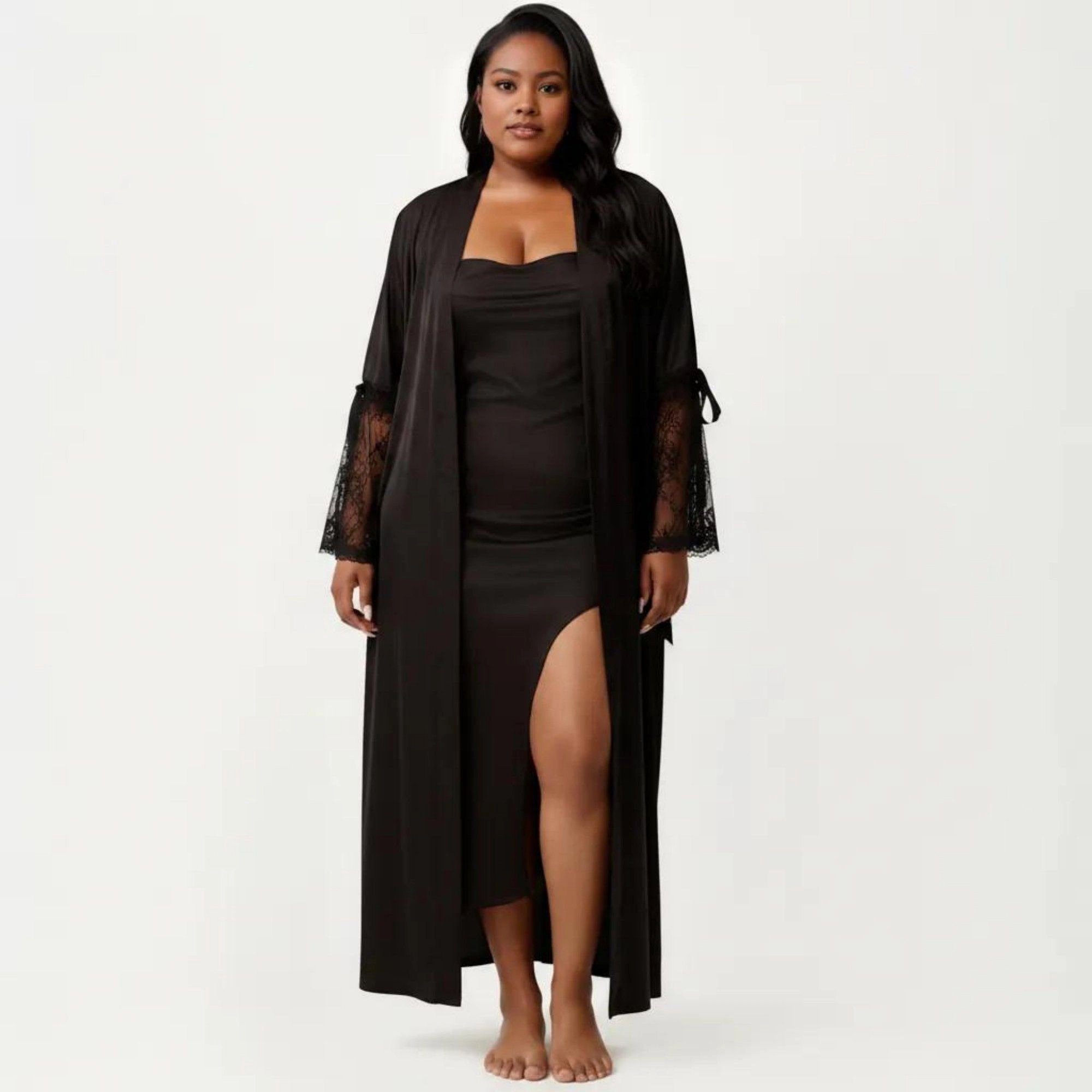 Anna-Kaci Women's Plus Long Satin Robe Lace Sleeve Wrap Nightgown Belted Kimono Sleepwear