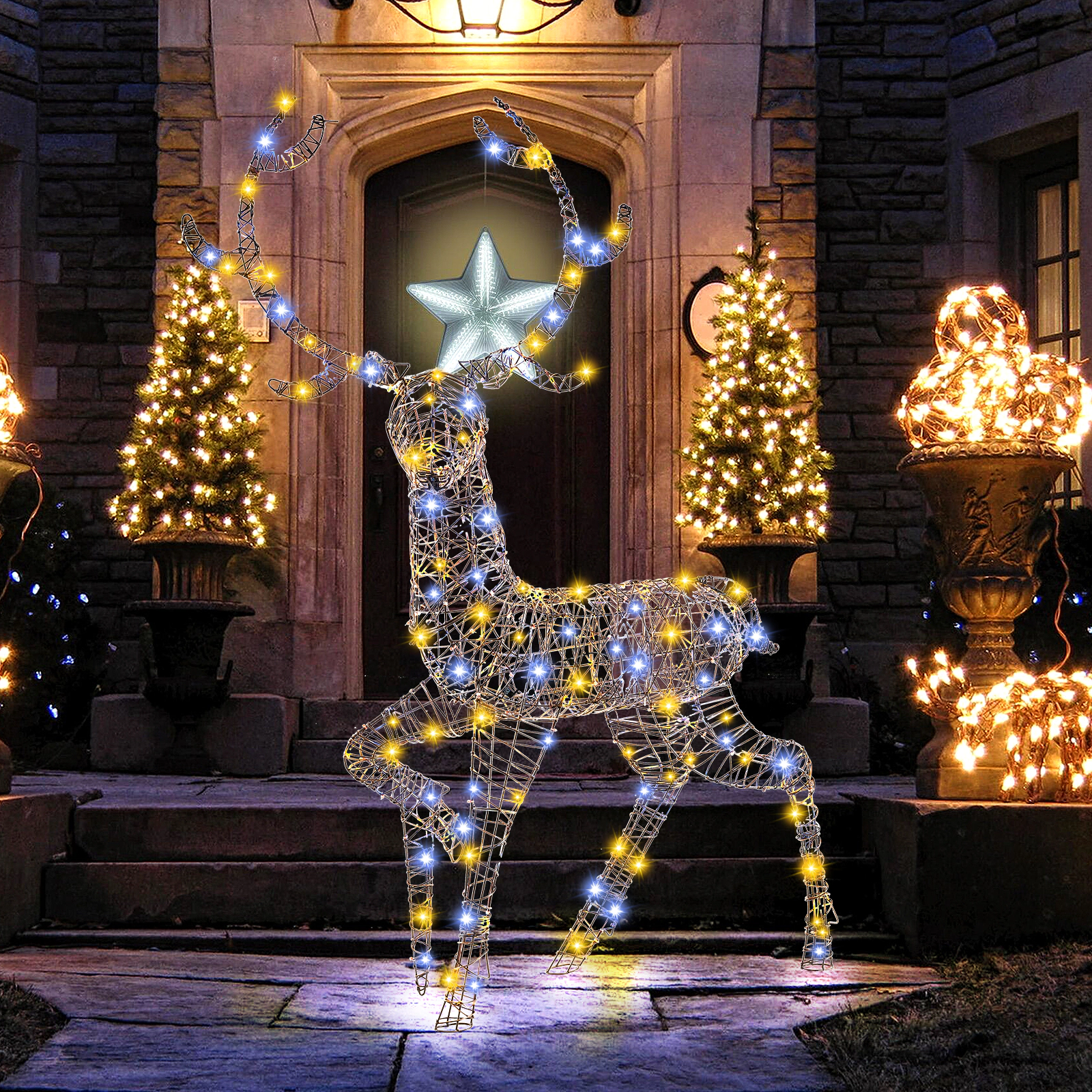 SUGIFT Brown 4.6-ft Pre-Lit PE Rattan Christmas Reindeer Deer with 170 Cold and Warm LED Lights