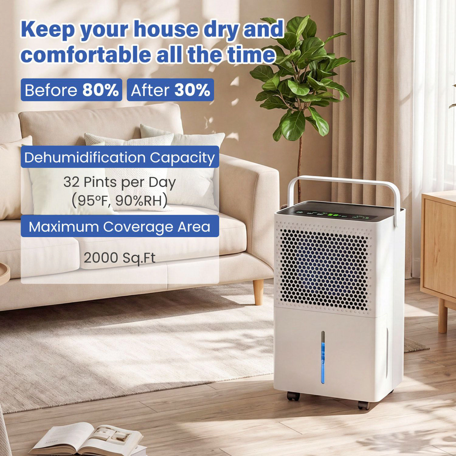 SlickBlue Compressor Dehumidifier for Home, Bedroom, Bathroom and Basement, 32 Pint
