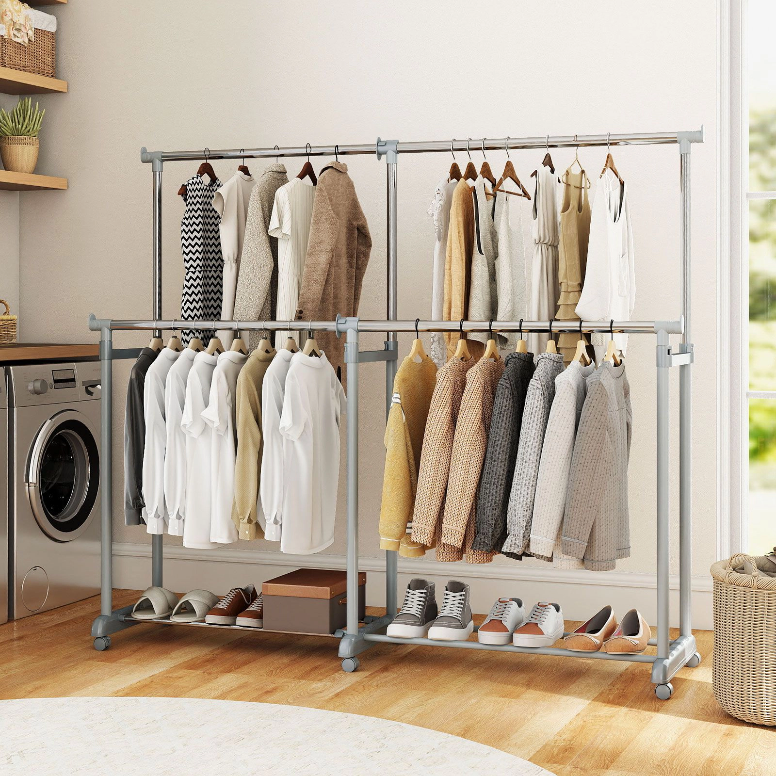SlickBlue Adjustable Double Rod Clothes Rack with Wheels and Bottom Storage