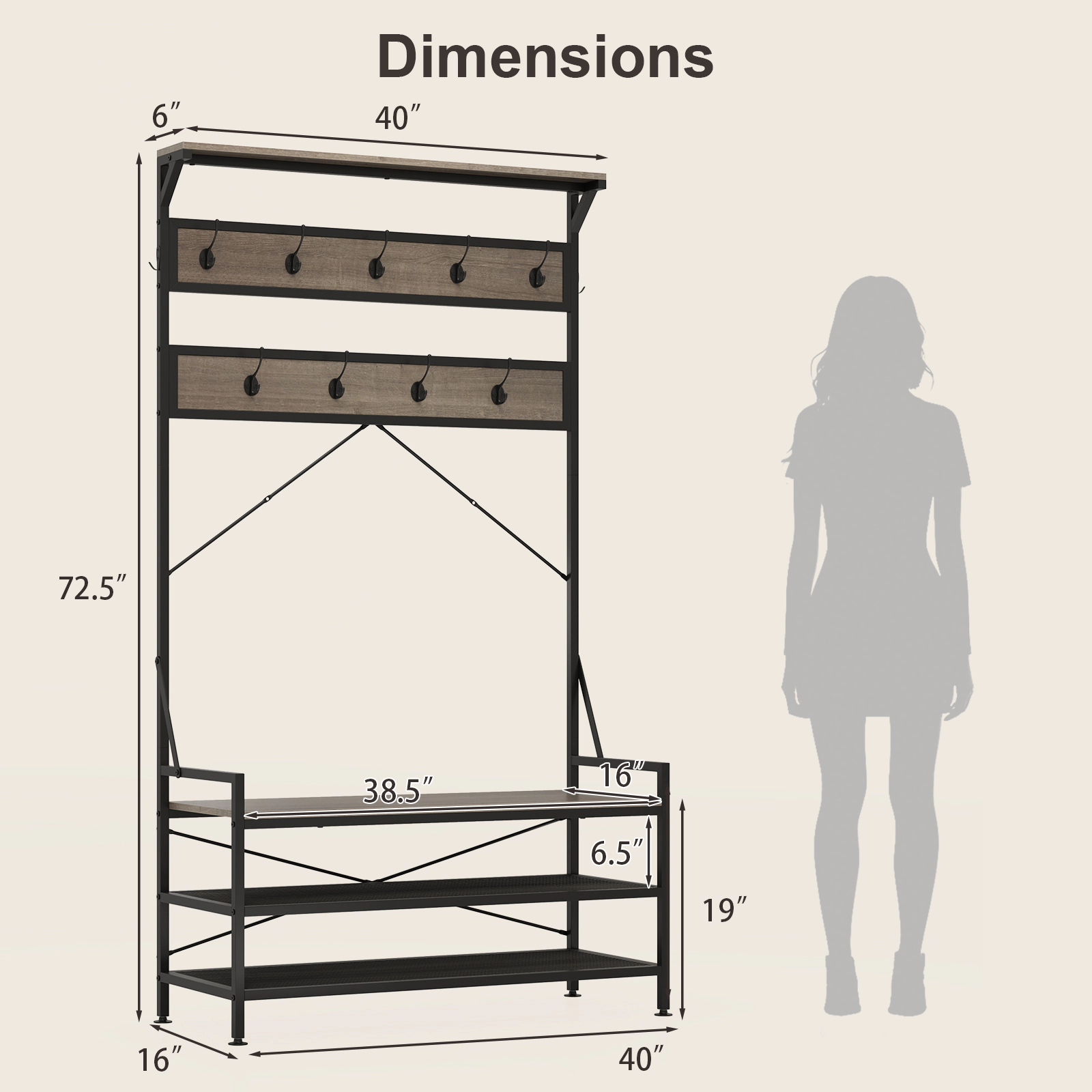SUGIFT 4-in-1 Hall Tree Gray with 11 Hanging Hooks Shoe Bench and Metal Shelves