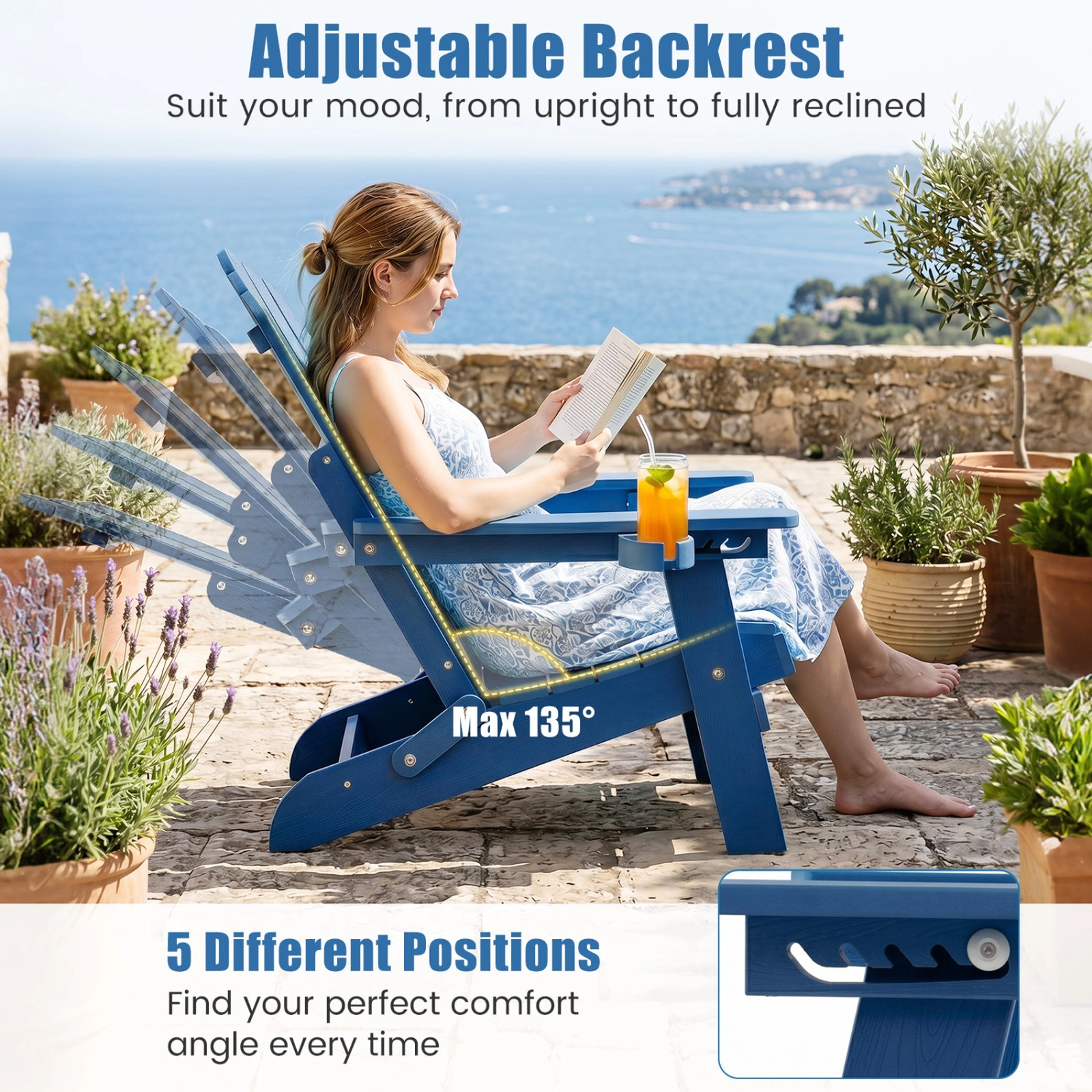 SUGIFT Outdoor Folding Adirondack Chair with 5-Position Backrest and Swivel Cup Holder 330-lb Capacity Navy