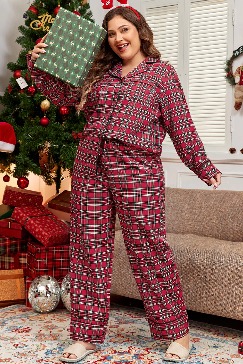 Sol Living Womens Plaid Printed Shirt and Pants Plus Size Lounge Set