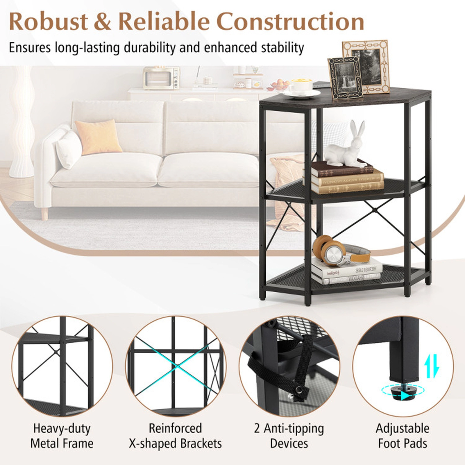 SUGIFT 3-Tier 2 AC Outlets Adjustable Middle Shelf Corner Printer Stand 20-in x 20-in x 31-in 45-lb Capacity Black