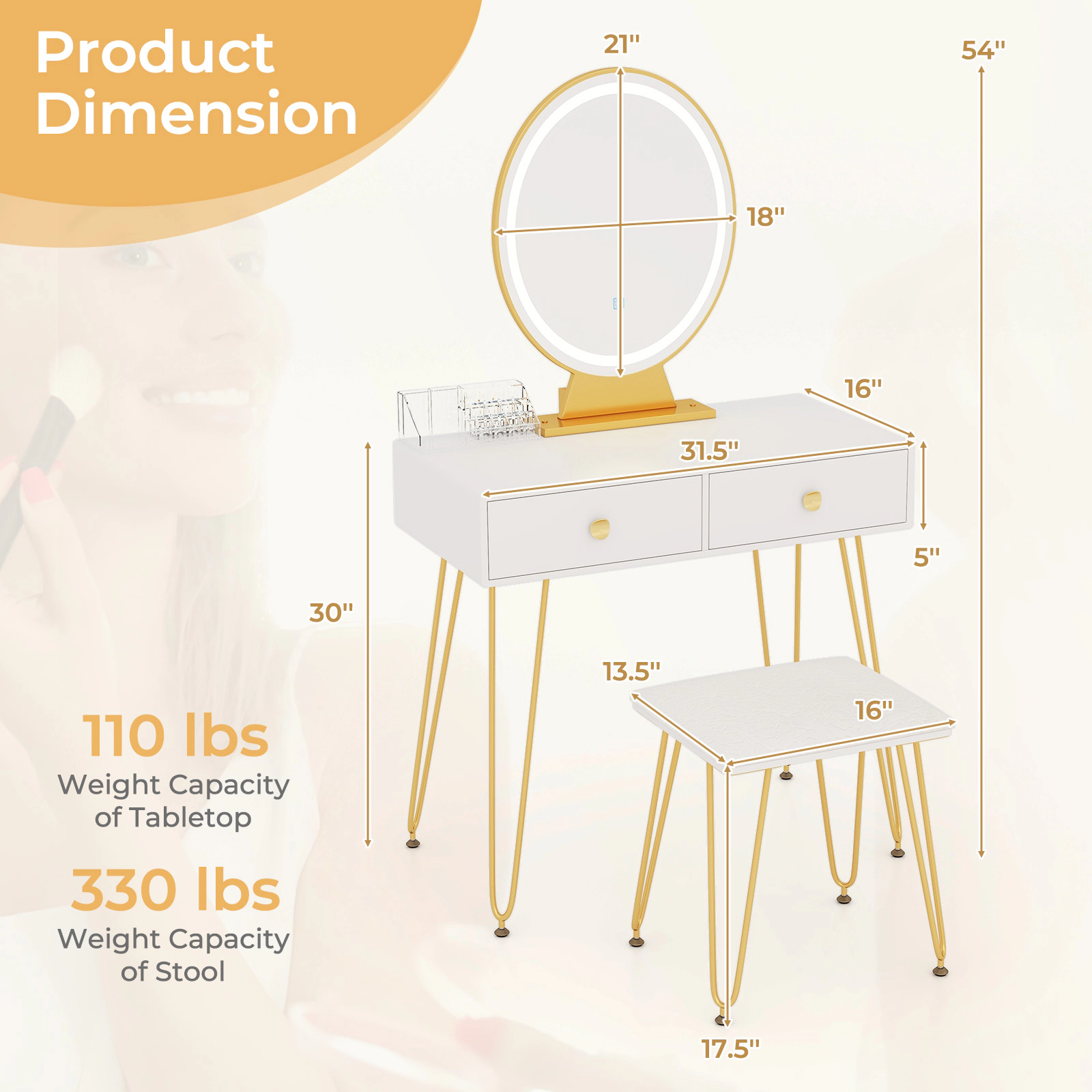 LJG Industrial Makeup Dressing Table with 3 Lighting Modes