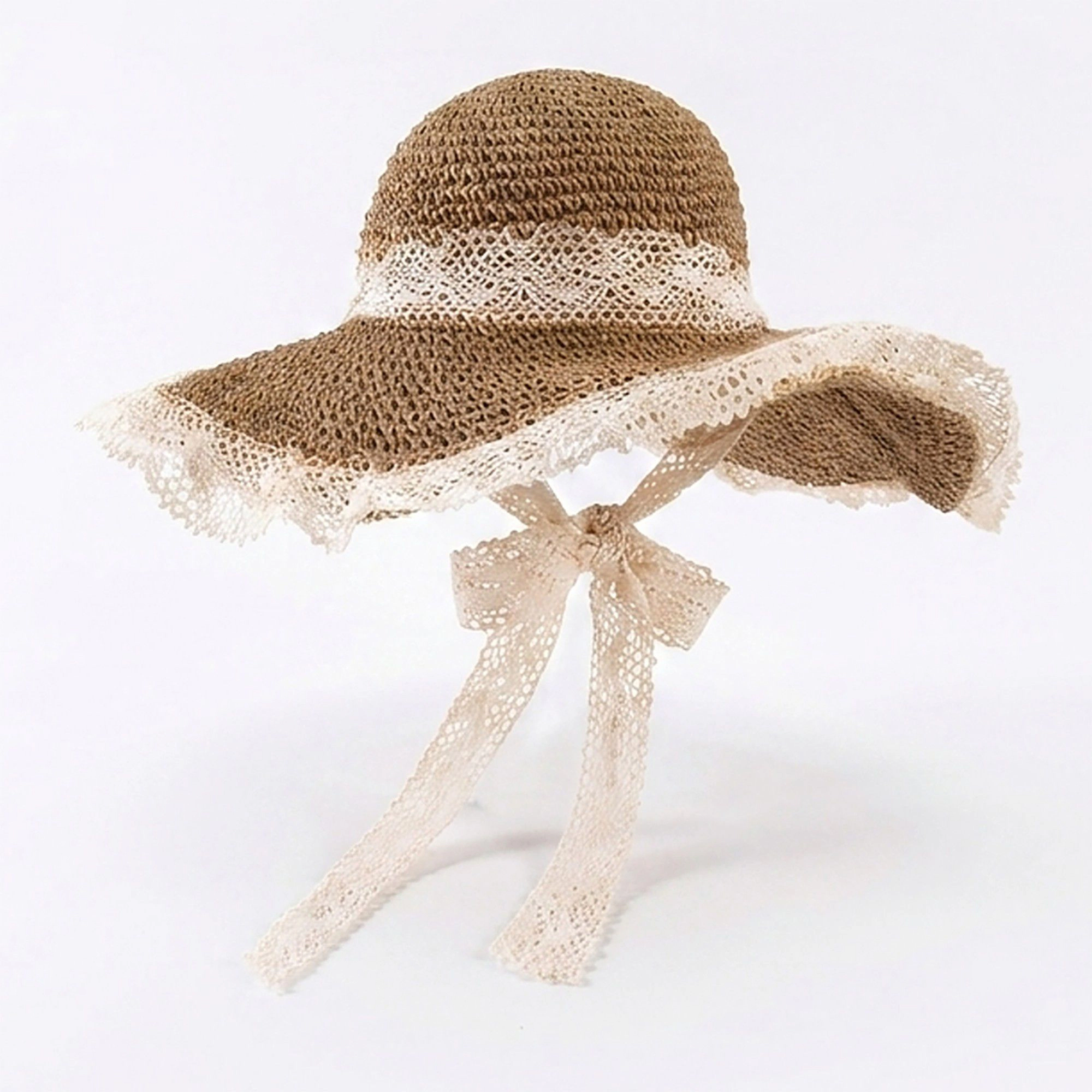 Anna-Kaci Women's Crochet Wide Brim Sun Hat with Lace Trim Bow Accent and Wavy