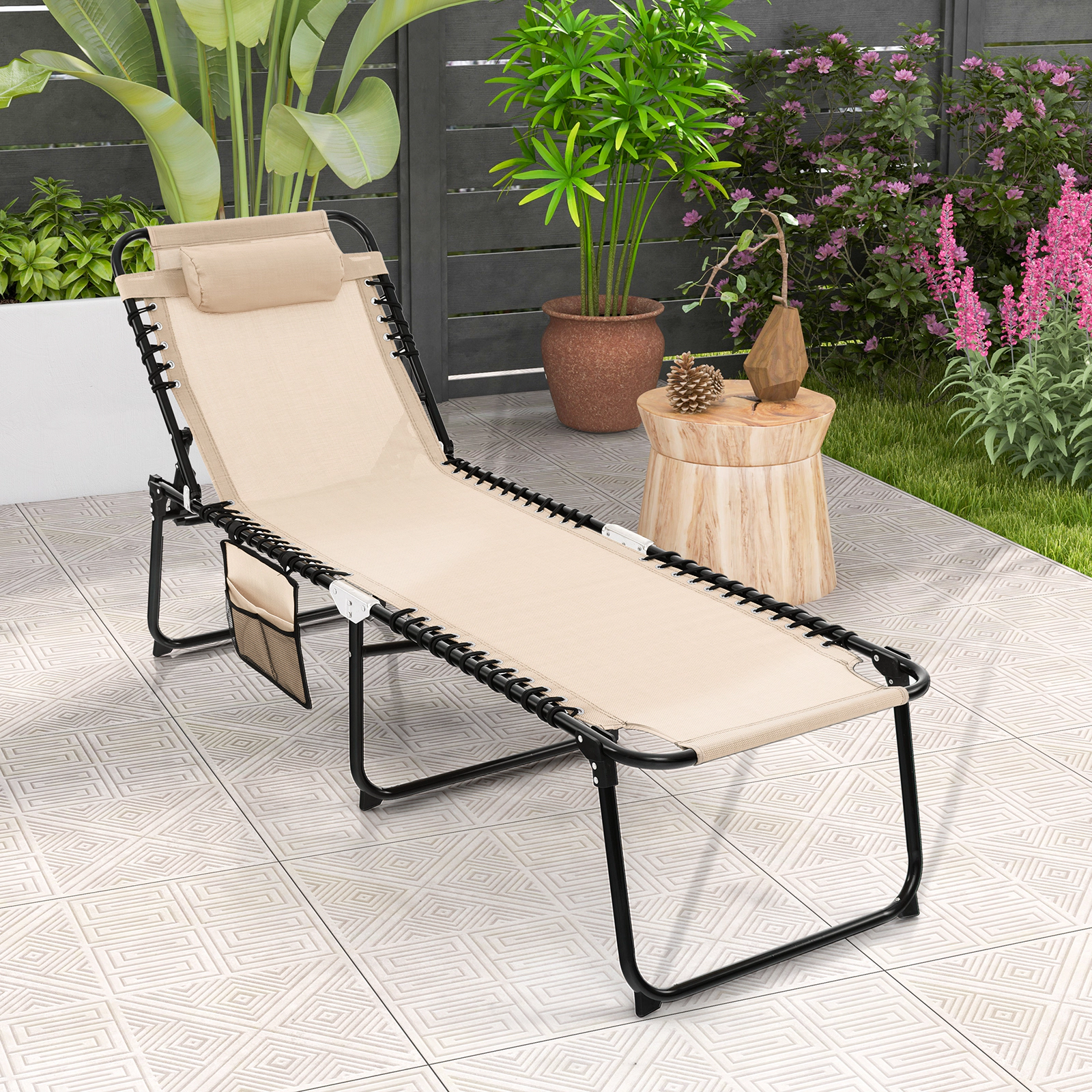 SUGIFT Foldable Recline Lounge Chair with Adjustable 4-Position Backrest and 2-Position Footrest 265-lb Capacity Beige