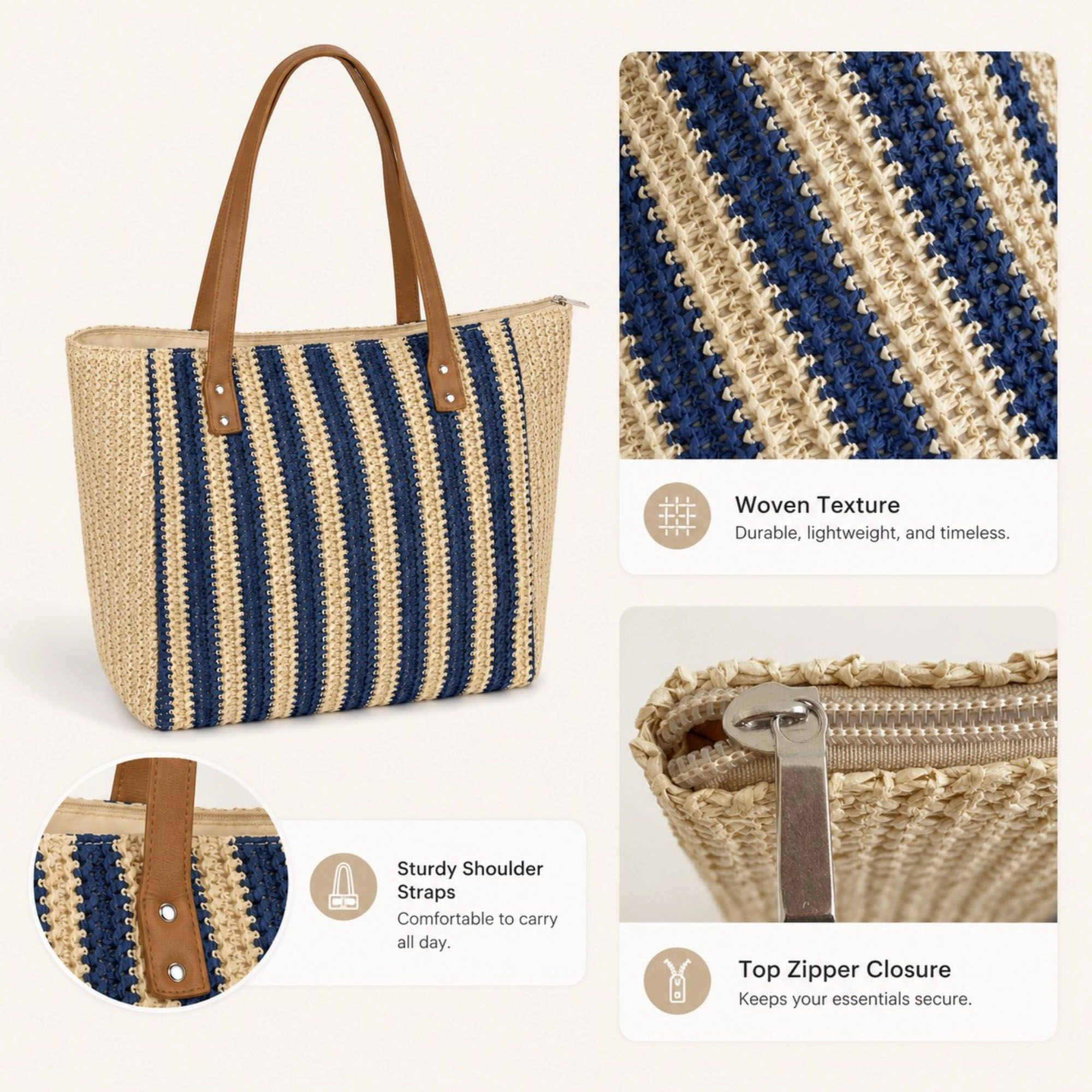 Alilang Women's Crochet Look Striped Tote Bag with Faux Leather Shoulder Straps
