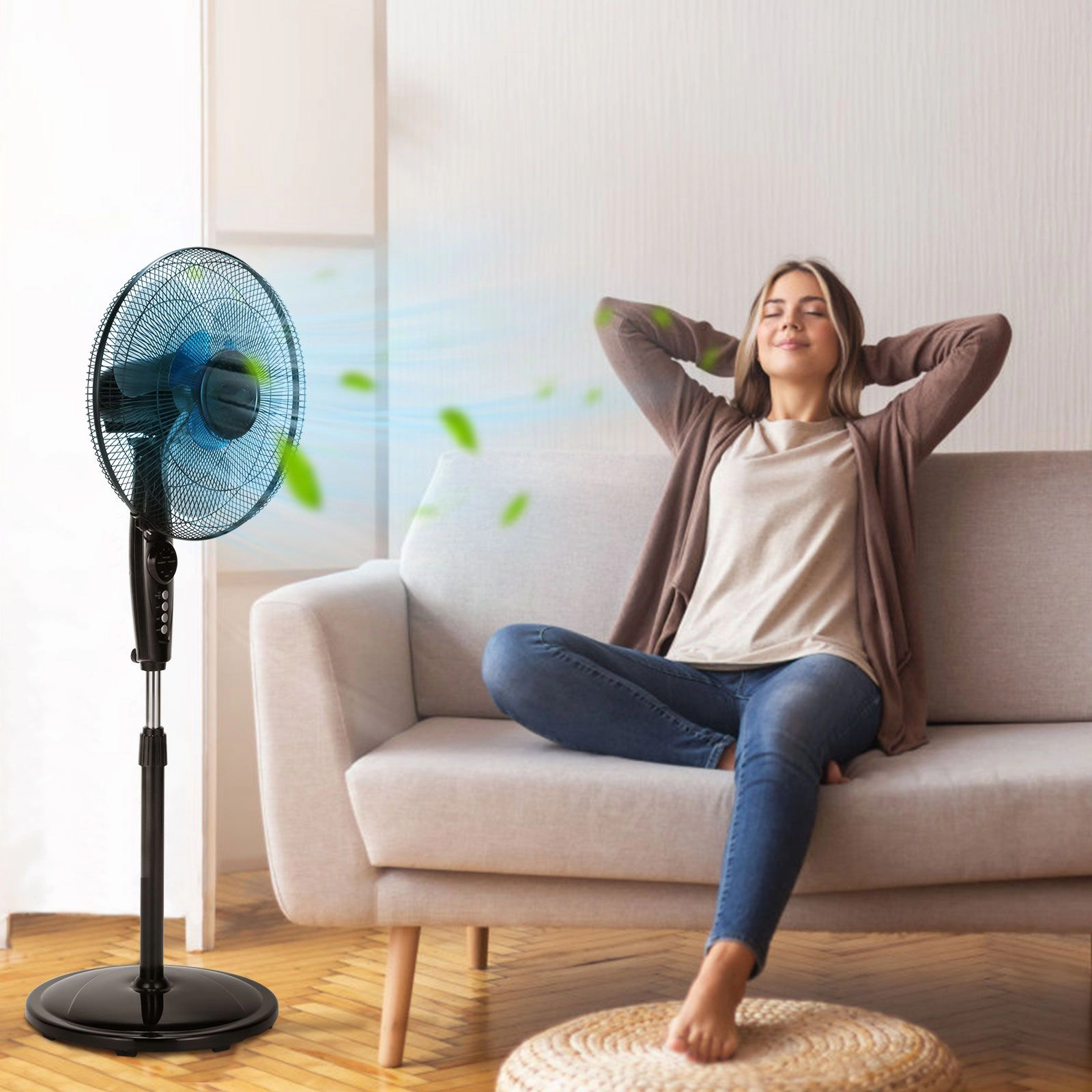 SlickBlue Adjustable Dual-Blade Floor Fan with 3 Wind Modes and Timer