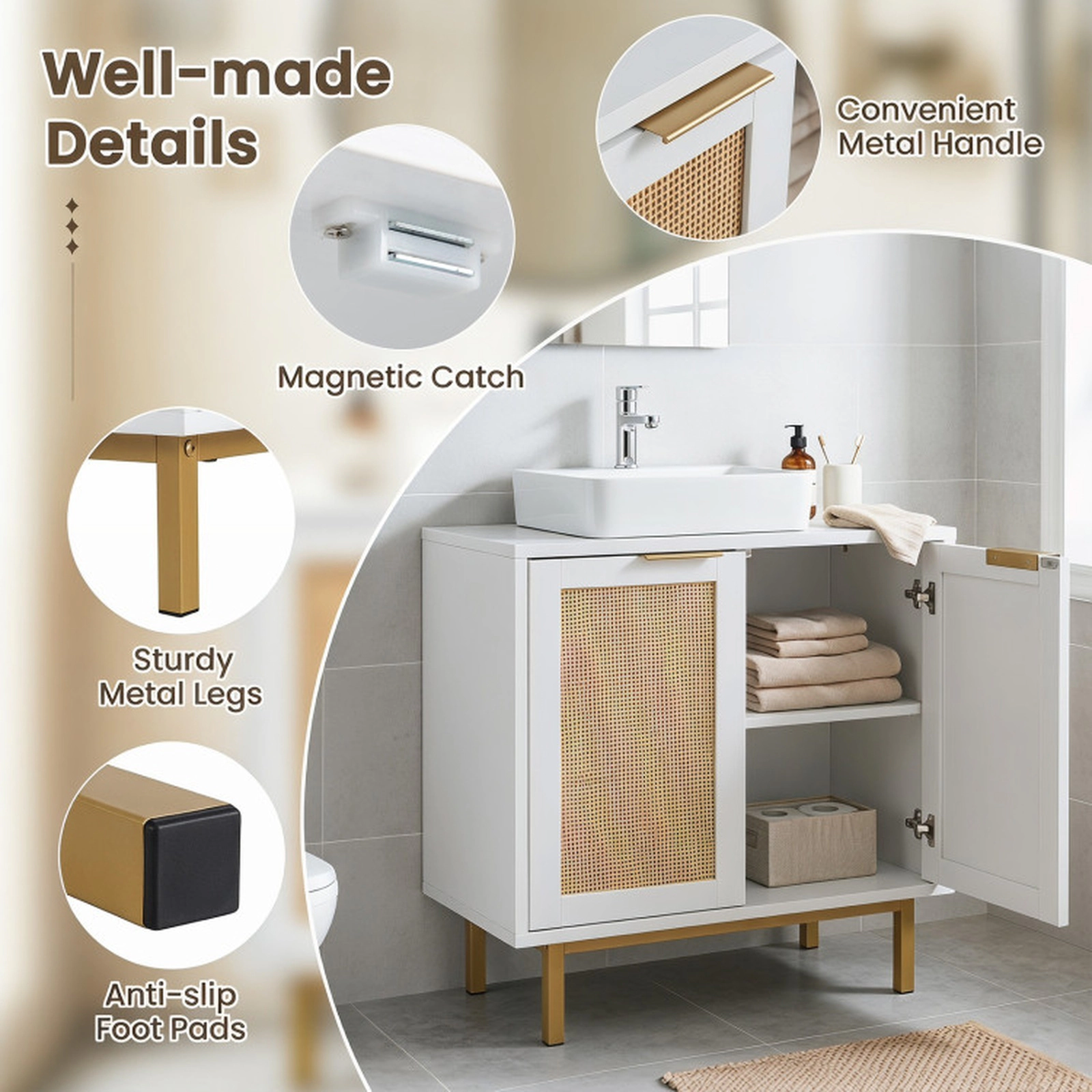 SUGIFT White 66-lb Capacity Rattan Door Bathroom Vanity Cabinet with U-Shaped Cut-Out and Metal Legs