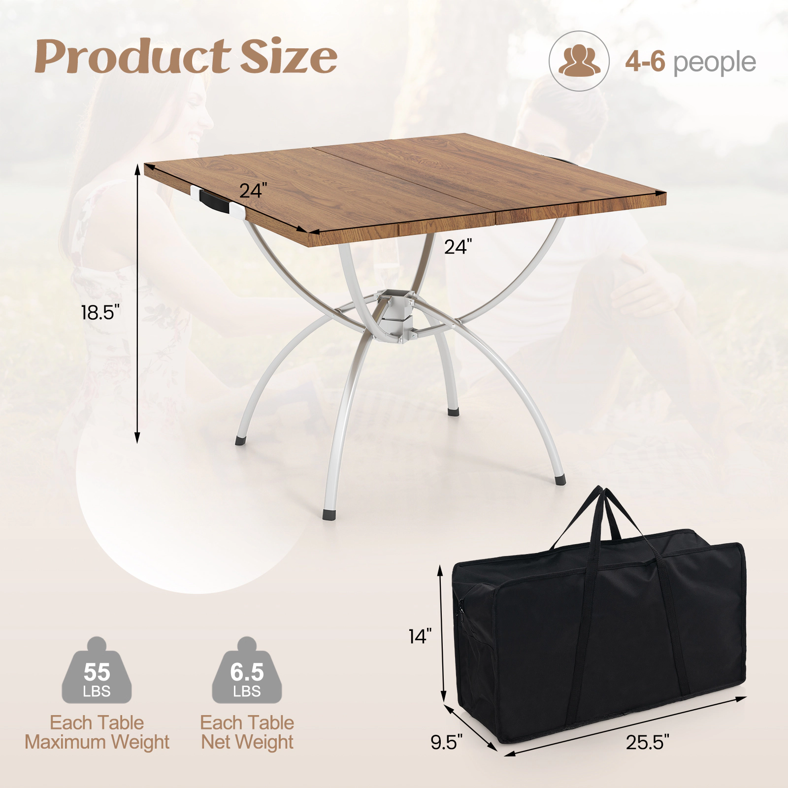 LJG Patented 2 Pack Folding Camping Table with Wood-Grain Tabletop for Hiking Party