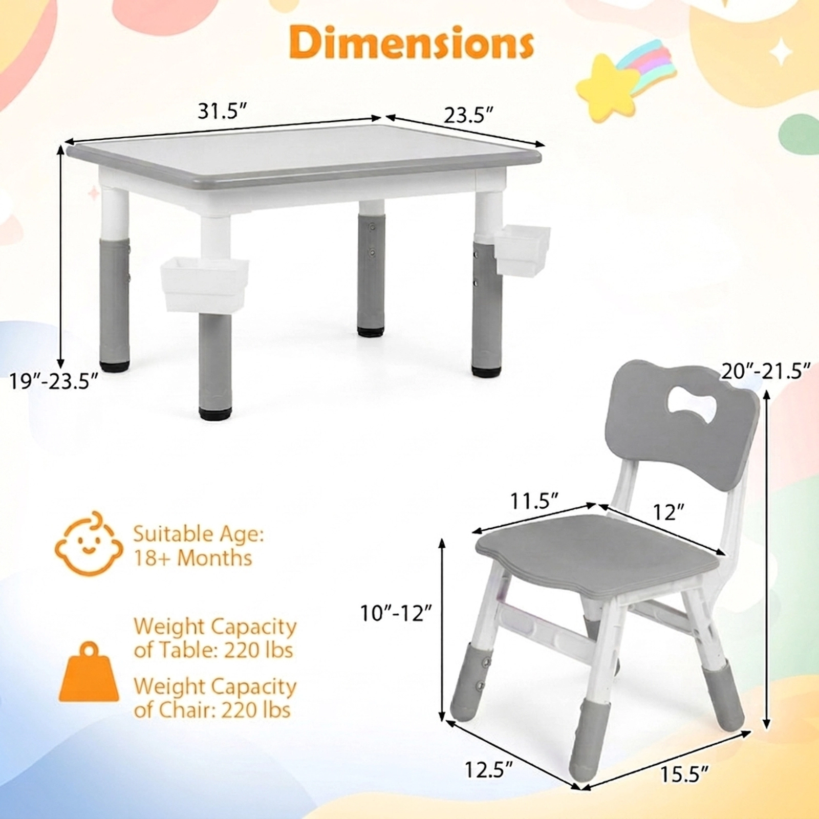 SUGIFT Gray Graffiti Desktop and 2 Storage Baskets Kids Height Adjustable Table and 4 Chairs Set