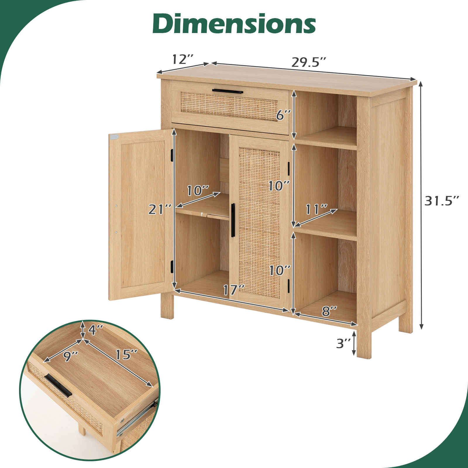 LJG Boho Buffet Sideboard Storage Cabinet with Drawer and Rattan Woven Doors