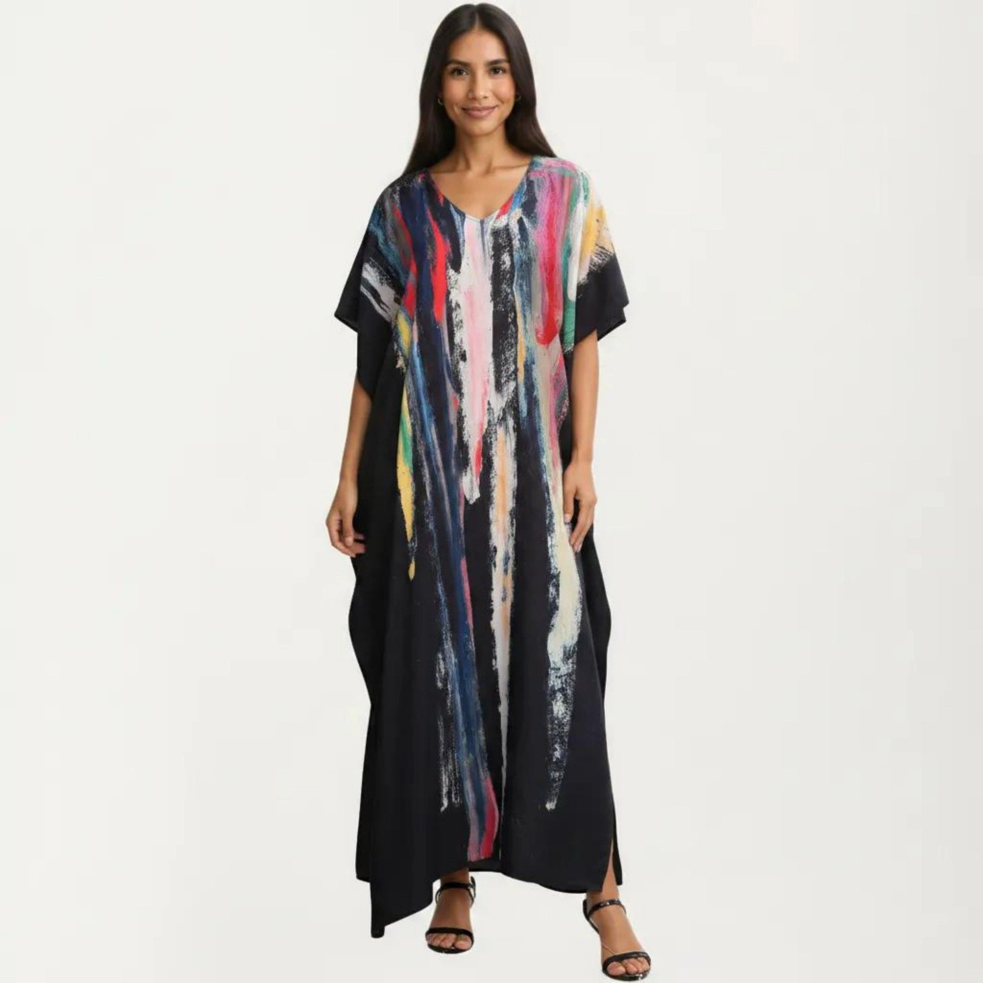 Anna-Kaci Women's Abstract Print Maxi Caftan Dress with V-Neckline Short Sleeves and Relaxed Draped Silhouette