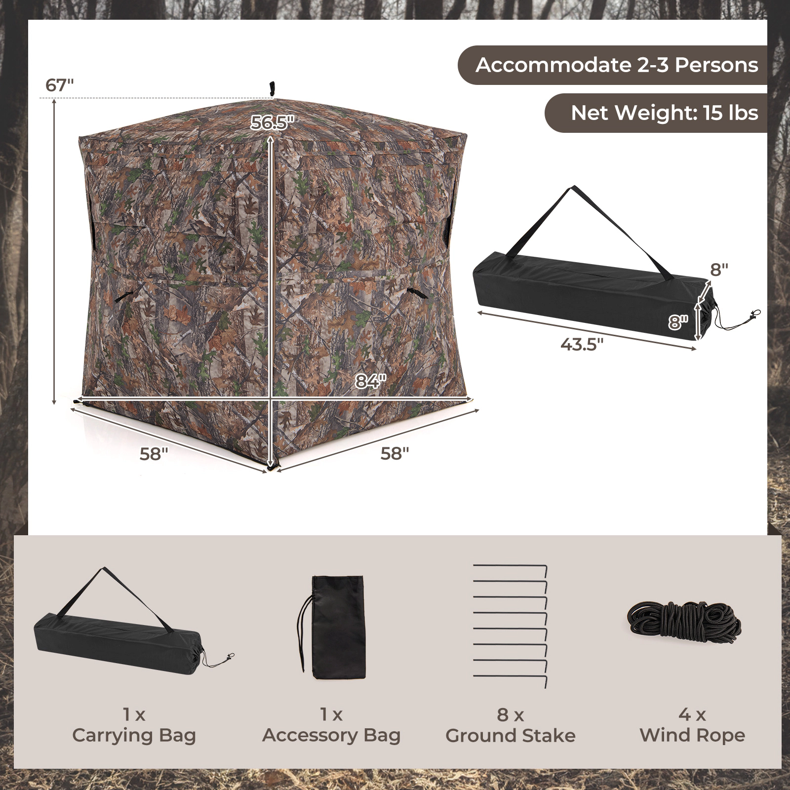 SUGIFT Camouflage 84-in 360-Degree One-Way See-Through Pop-Up Hunting Blind with Full-Open Door